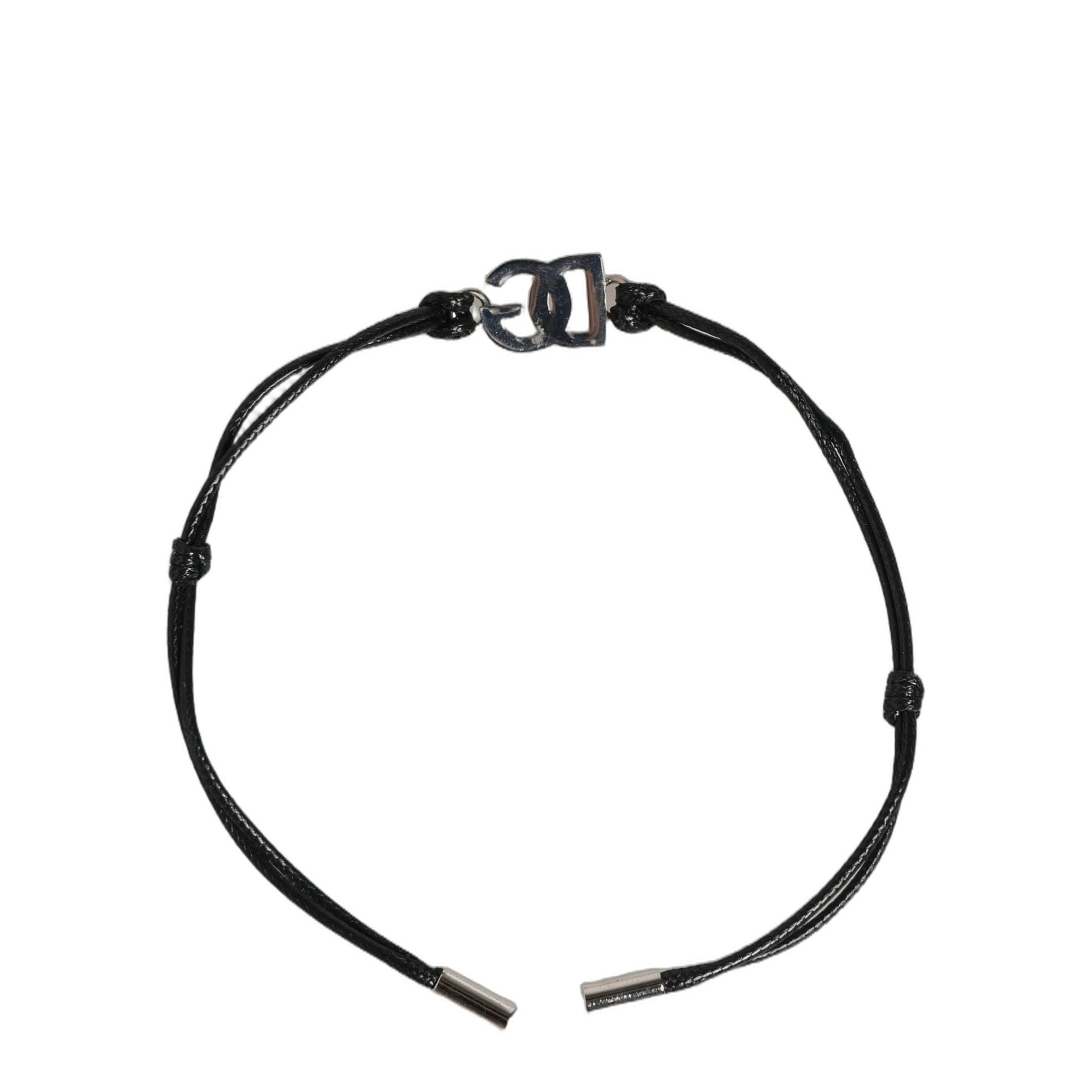 Dolce & Gabbana Black Polyester Cord Silver Tone DG Logo Charm Bracelet