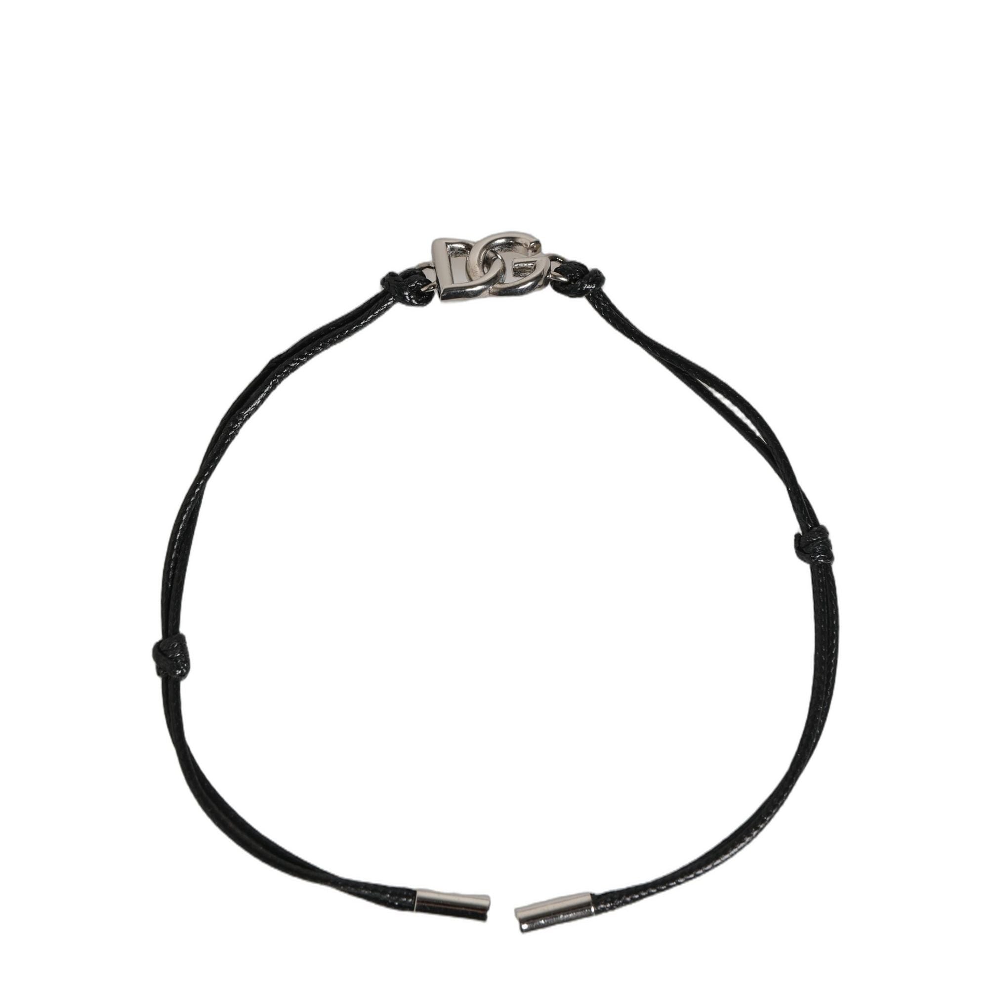 Dolce & Gabbana Black Polyester Cord Silver Tone DG Logo Charm Bracelet