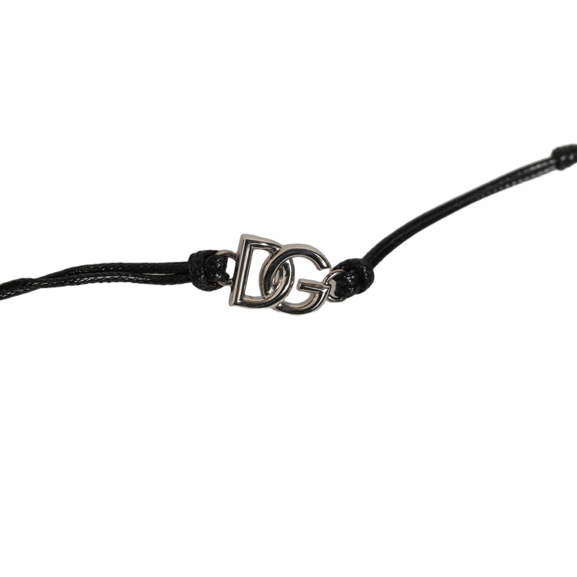 Dolce & Gabbana Black Polyester Cord Silver Tone DG Logo Charm Bracelet