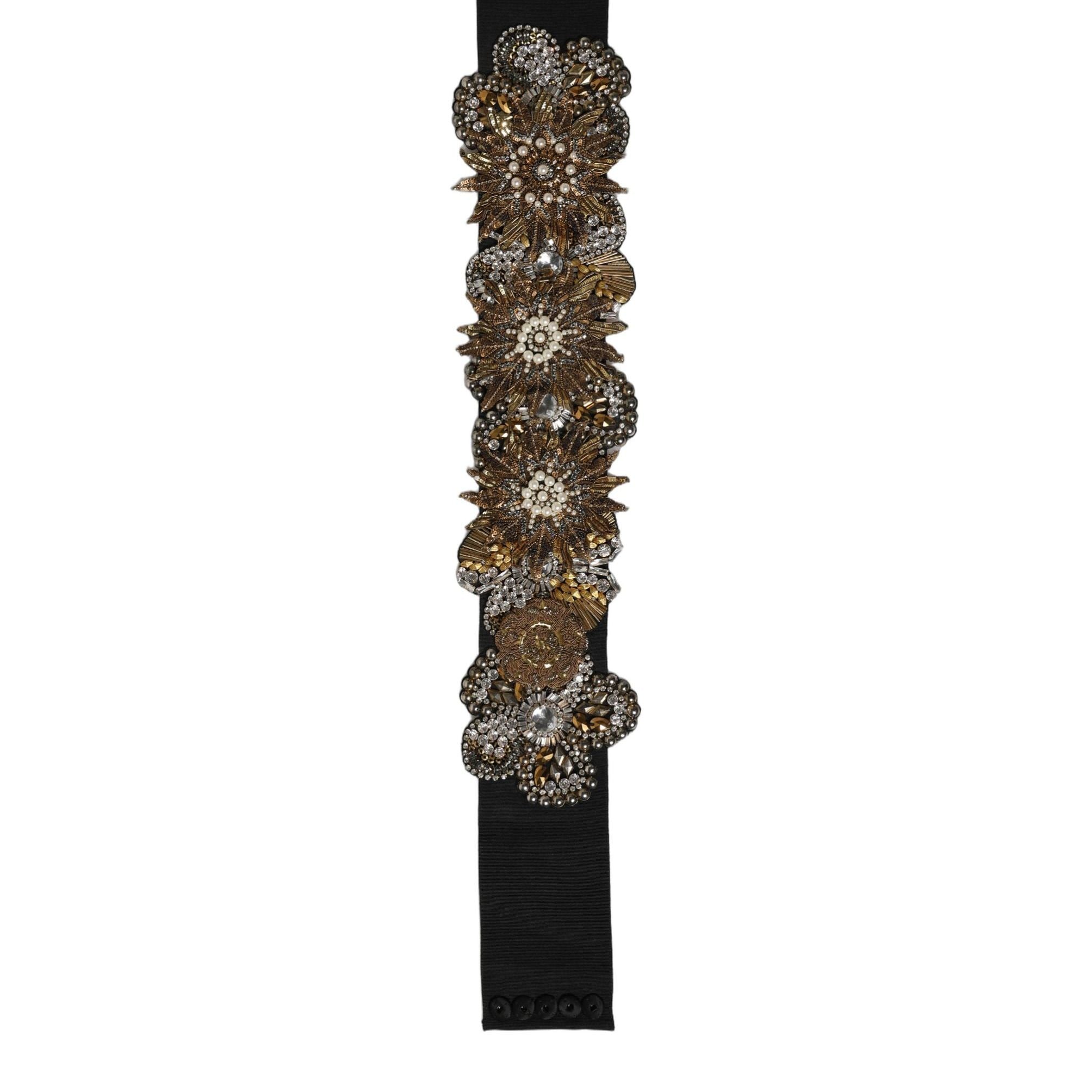 Dolce & Gabbana Black Gold Tone Crystal Brass Flower Brooches Belt