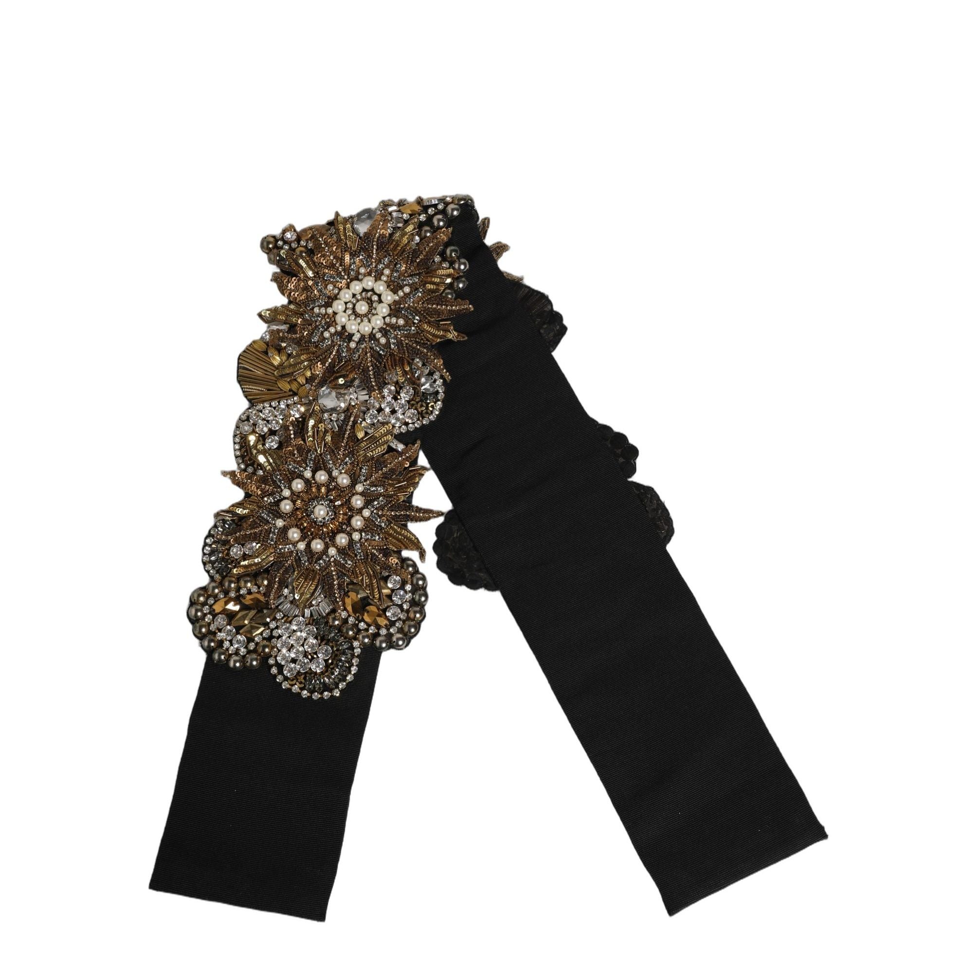 Dolce & Gabbana Black Gold Tone Crystal Brass Flower Brooches Belt