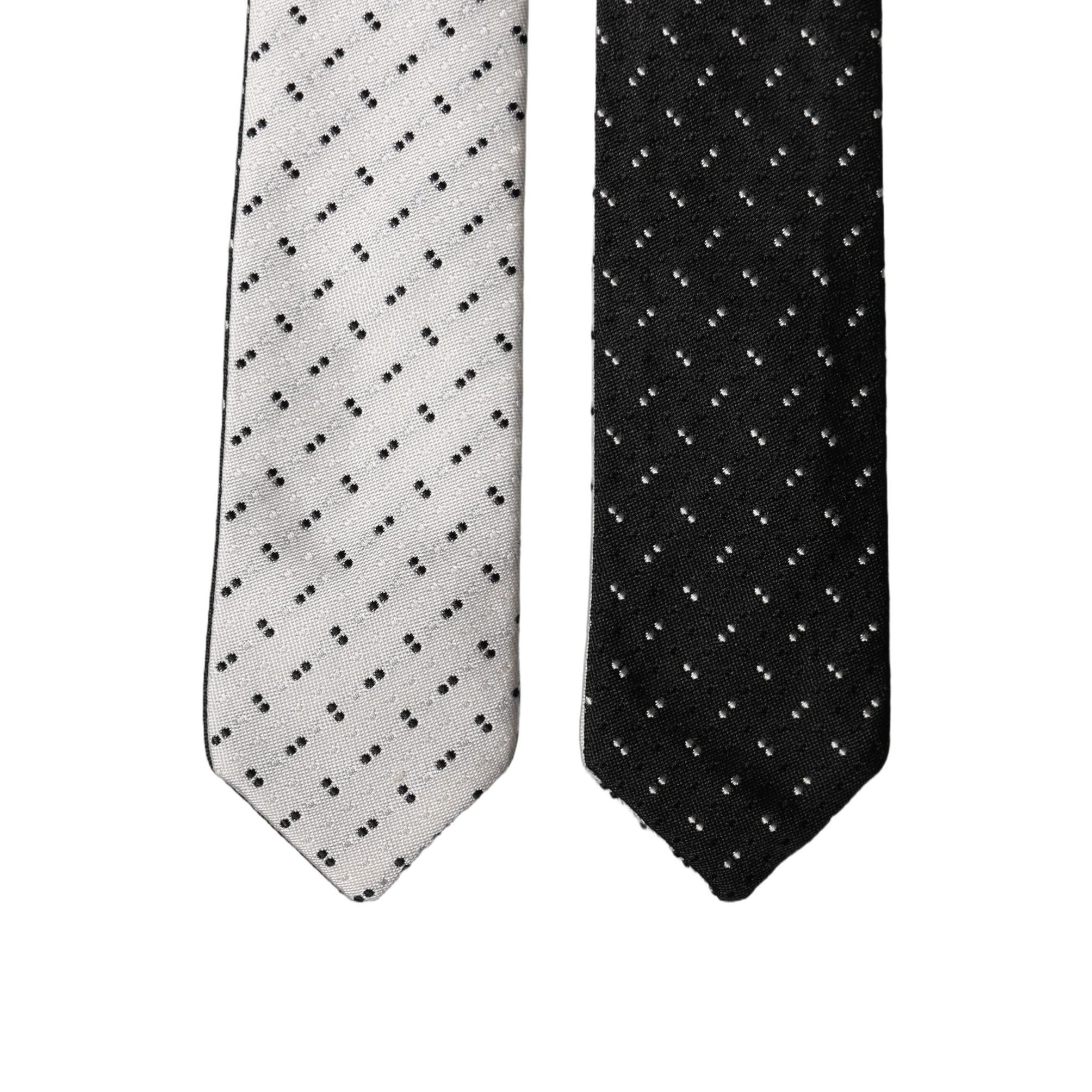 Dolce & Gabbana White Black Patterned Silk Adjustable Men Necktie Tie