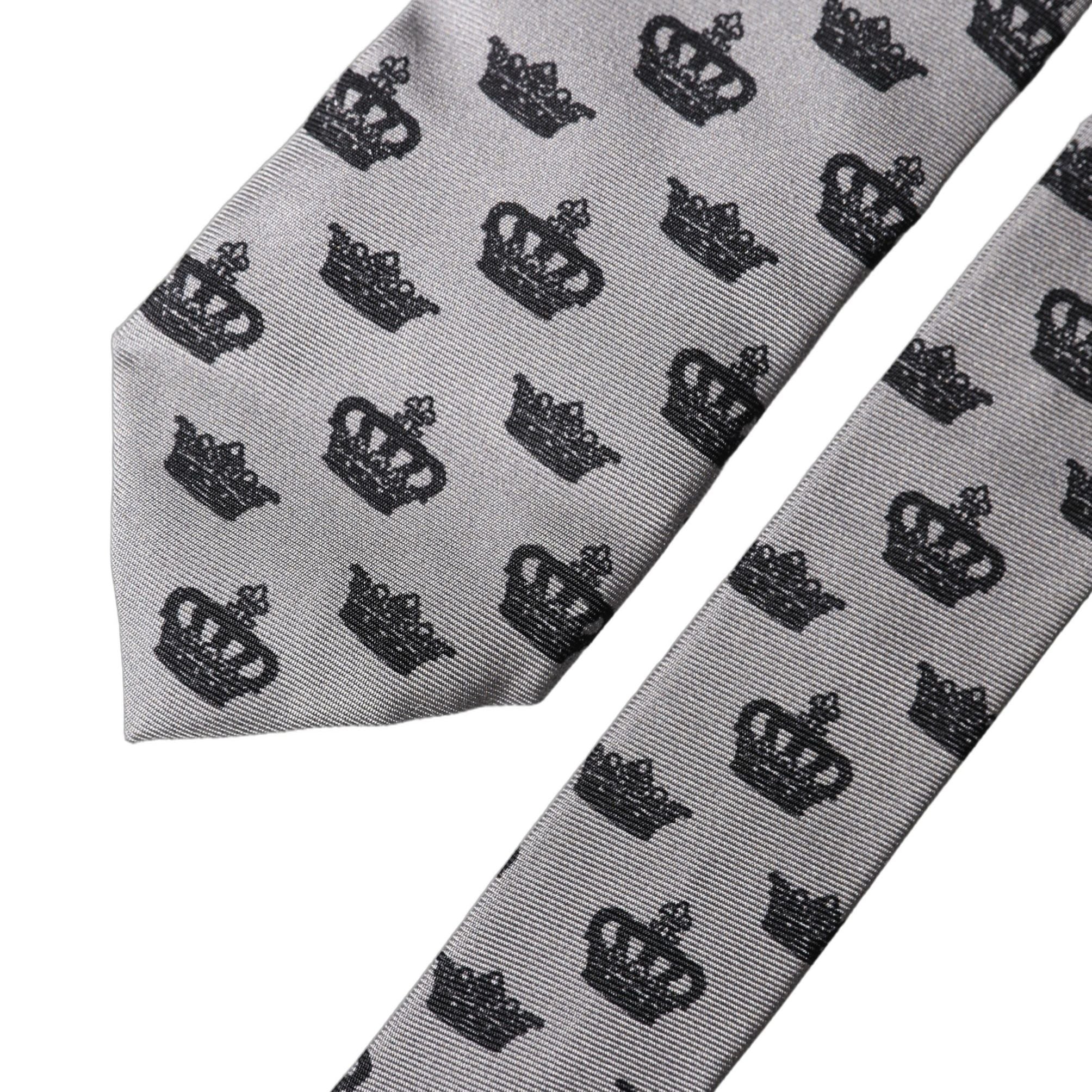 Dolce & Gabbana Gray Crown Fantasy Silk Adjustable Men Tied Necktie Tie