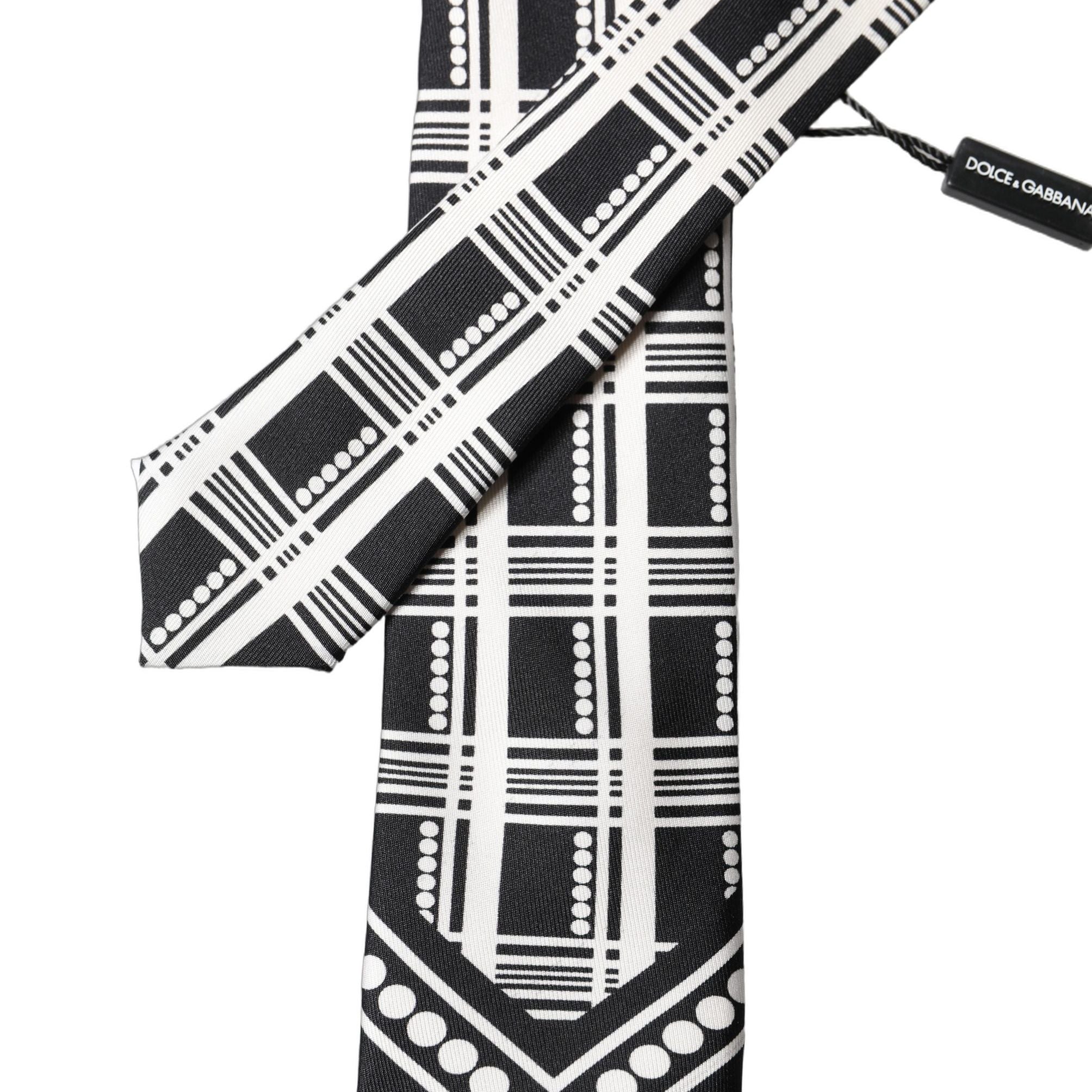 Dolce & Gabbana Black White Abstract Silk Adjustable Men Tied Necktie Tie
