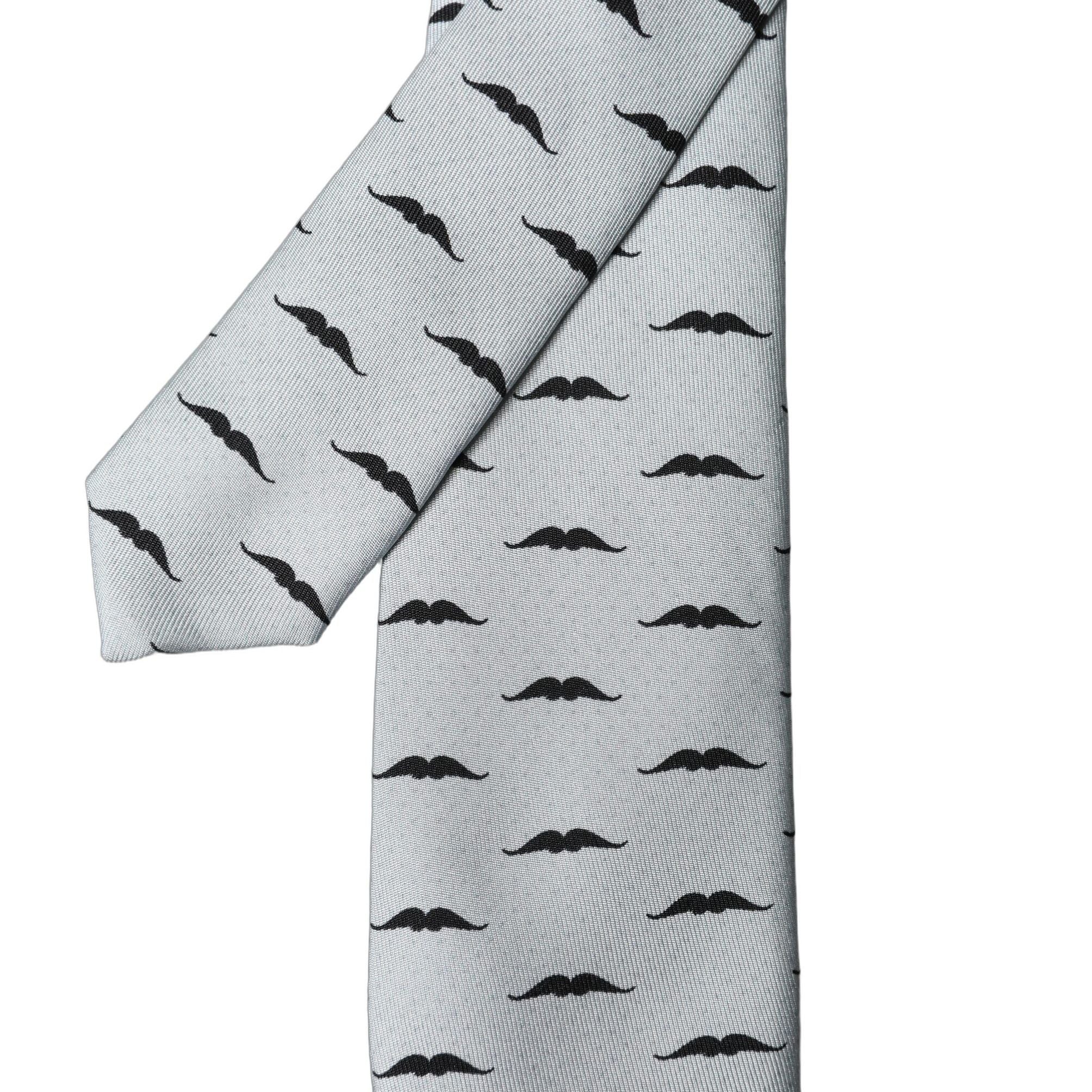 Dolce & Gabbana Light Gray Mustache Fantasy Silk Adjustable Necktie Tie