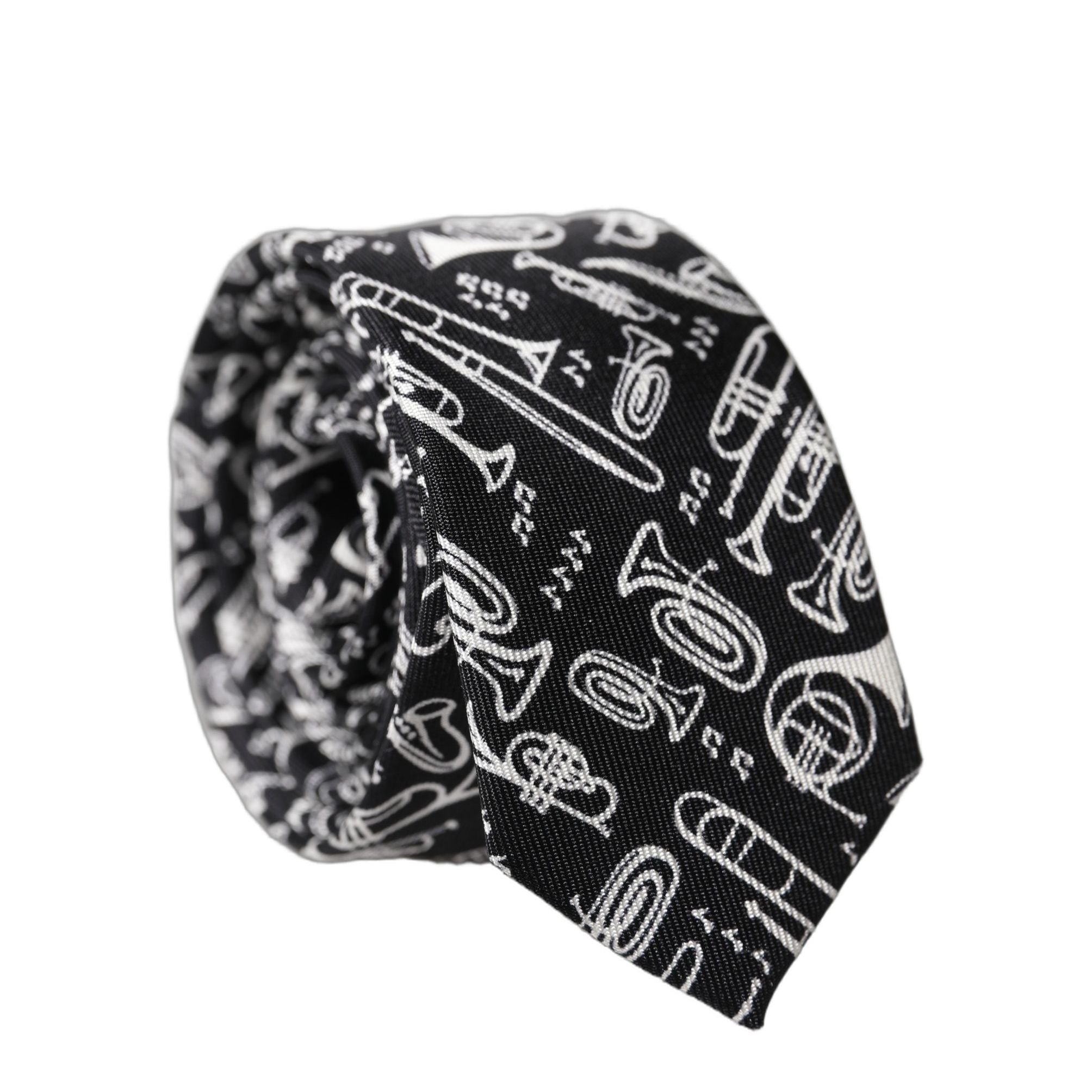 Dolce & Gabbana Black Trumpet Print Silk Adjustable Men Tied Necktie Tie
