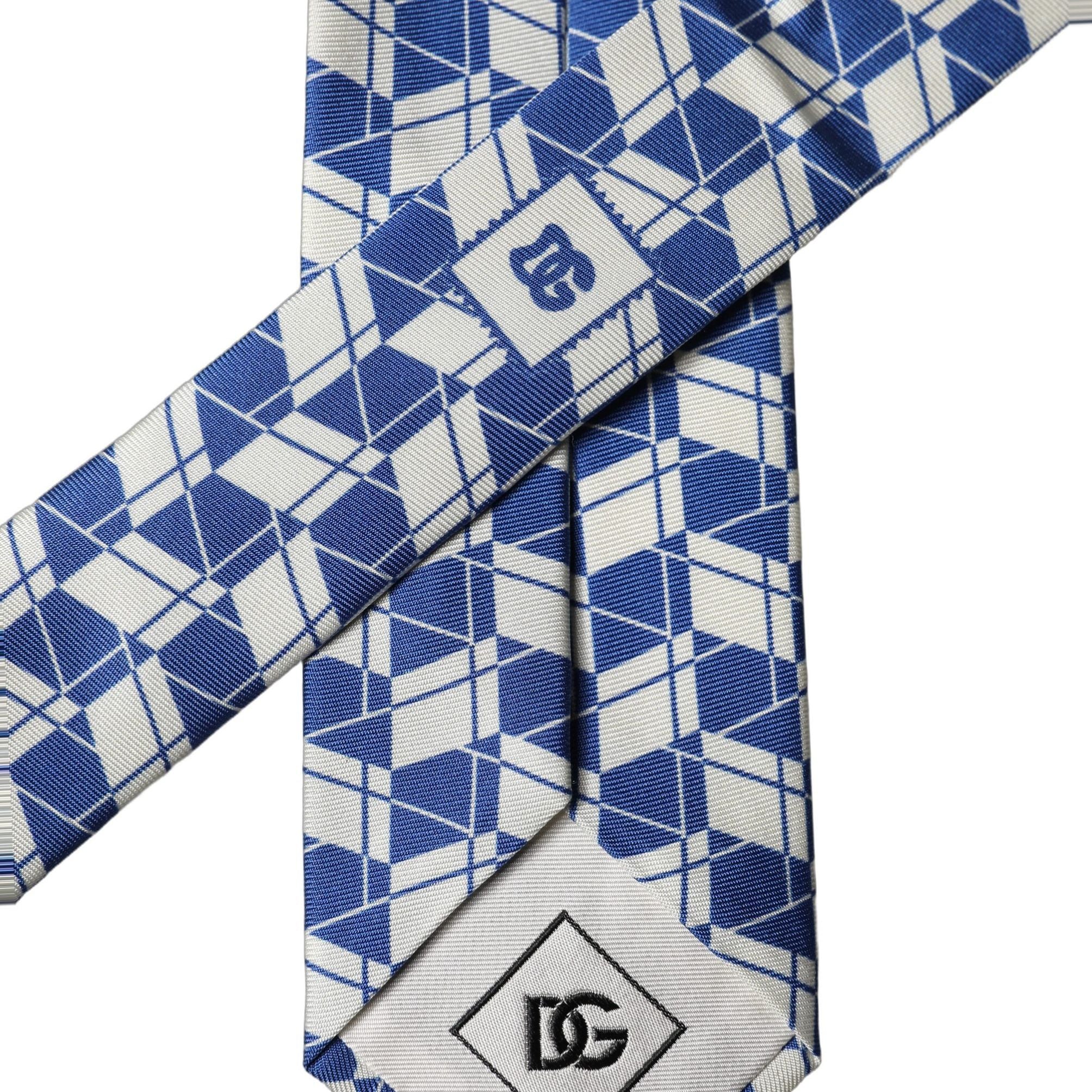 Dolce & Gabbana Blue White Geometric Silk Adjustable Men Tied Necktie Tie