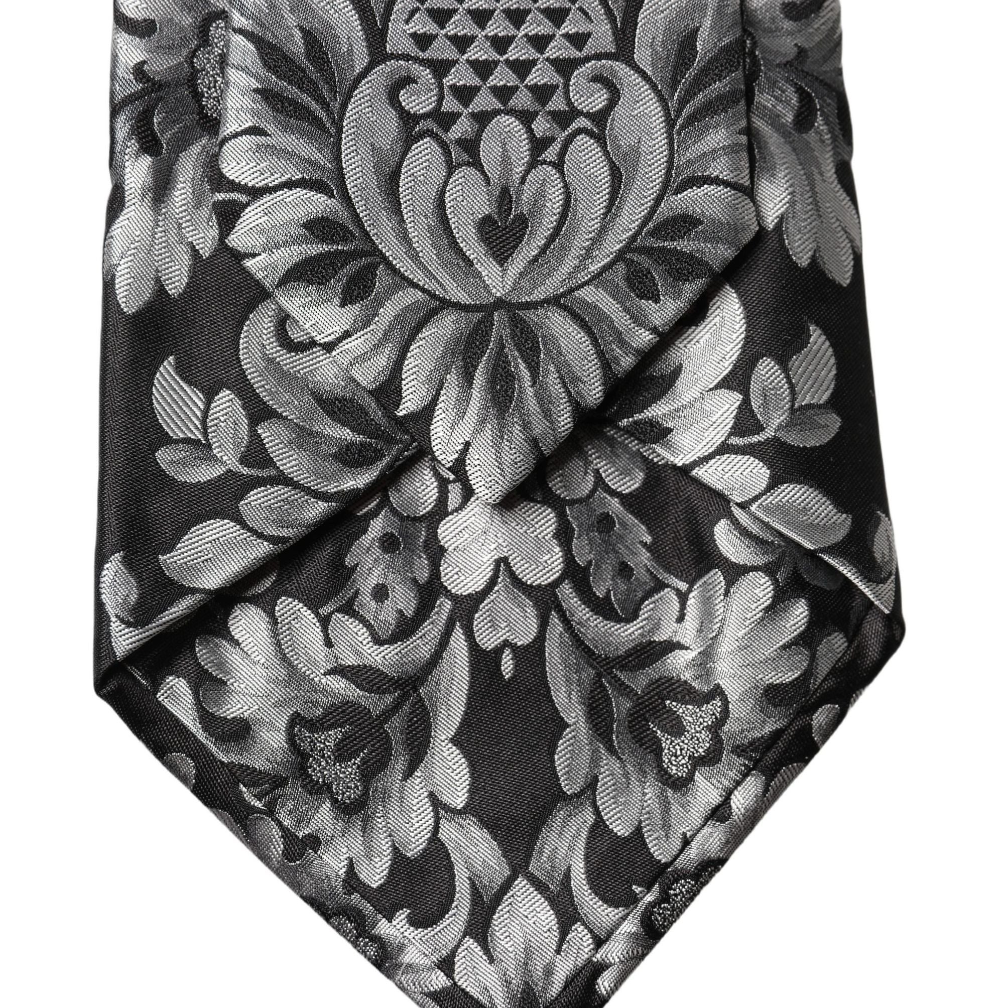 Dolce & Gabbana Black Silver Floral Silk Adjustable Women Necktie Tie