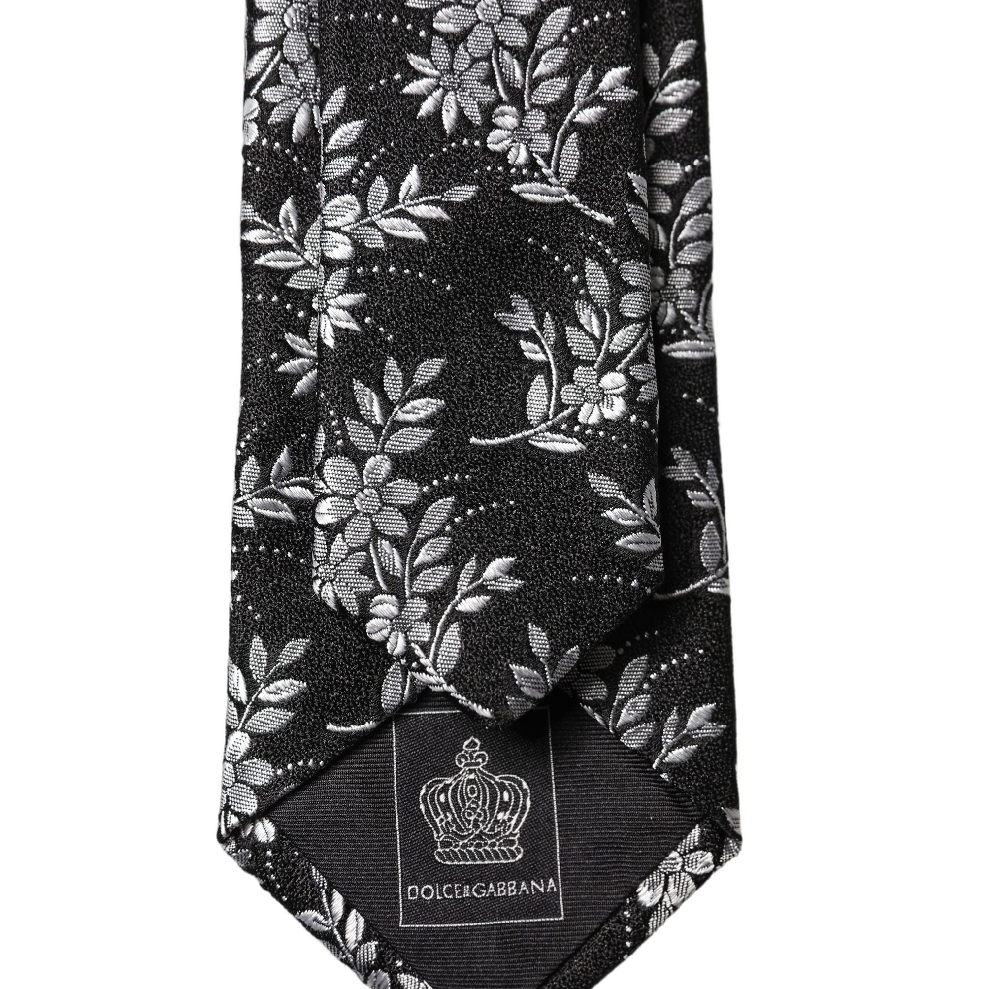 Dolce & Gabbana Black White Floral Silk Adjustable Men Tied Necktie Tie