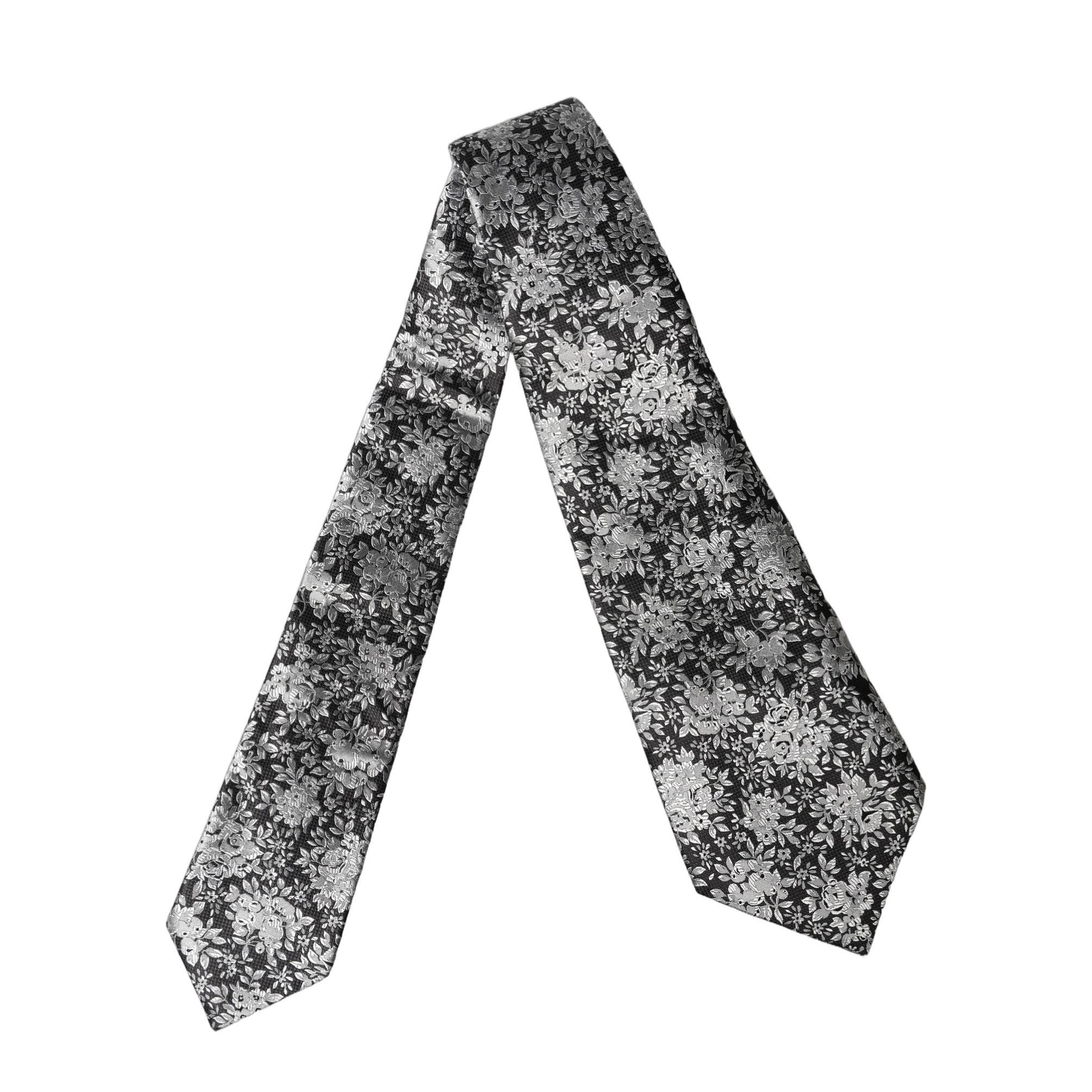 Dolce & Gabbana Black Silver Floral Silk Adjustable Women Necktie Tie