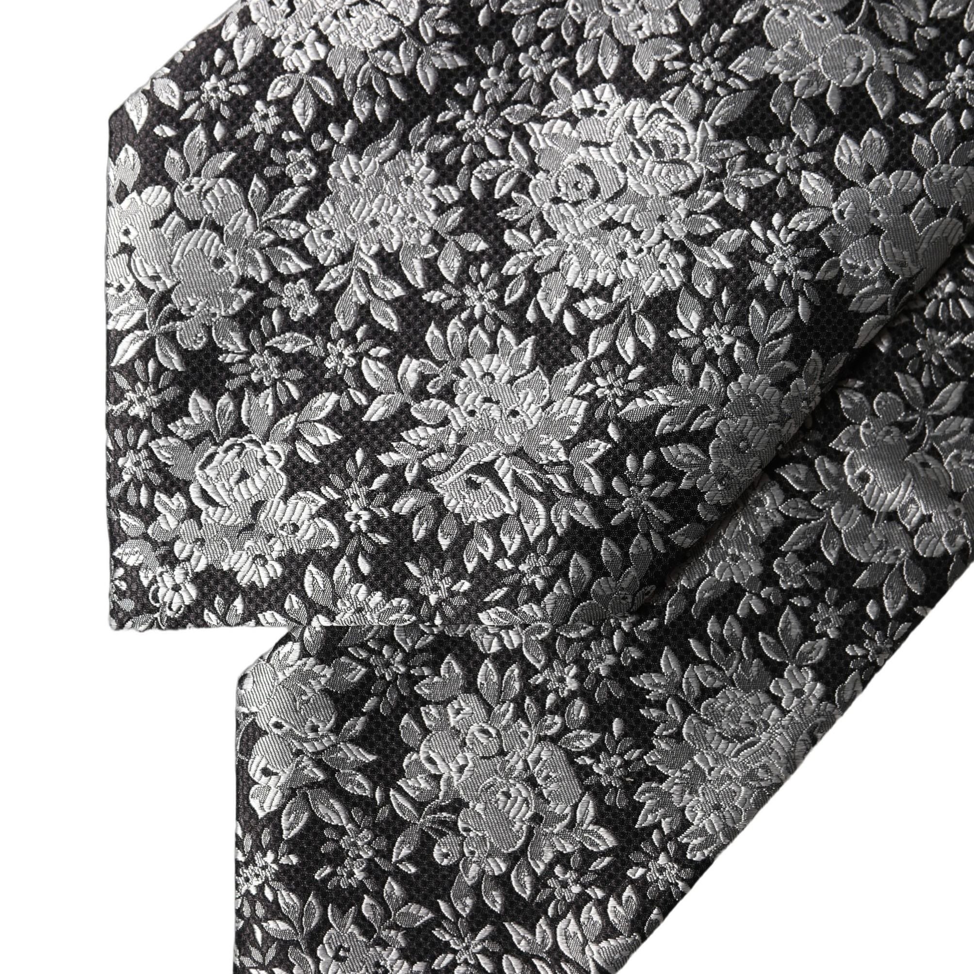 Dolce & Gabbana Black Silver Floral Silk Adjustable Women Necktie Tie
