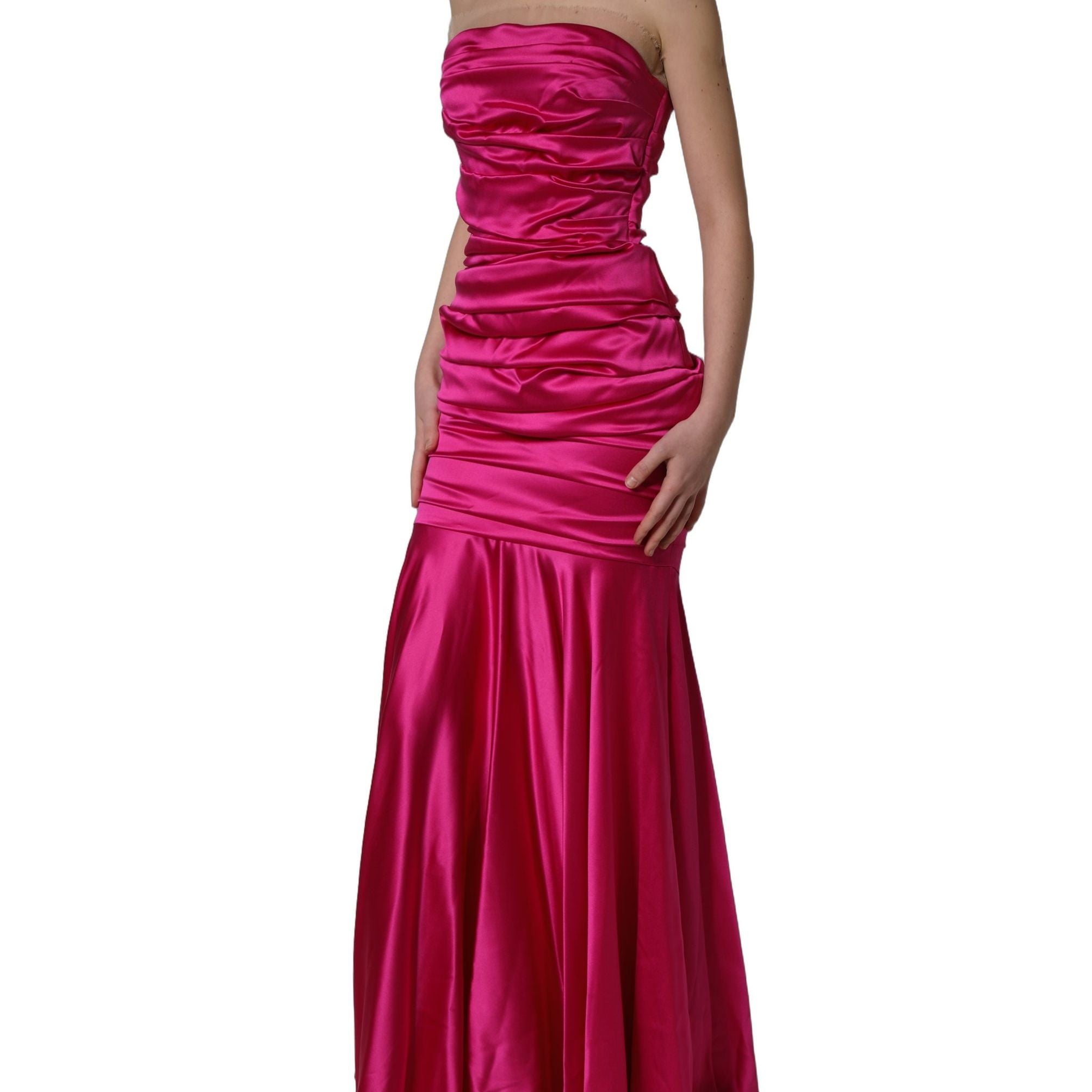 Dolce & Gabbana Hot Pink Ruched Satin Strapless Gown Dress