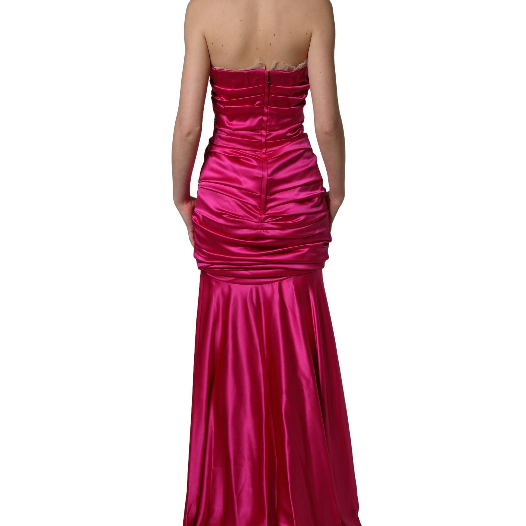Dolce & Gabbana Hot Pink Ruched Satin Strapless Gown Dress