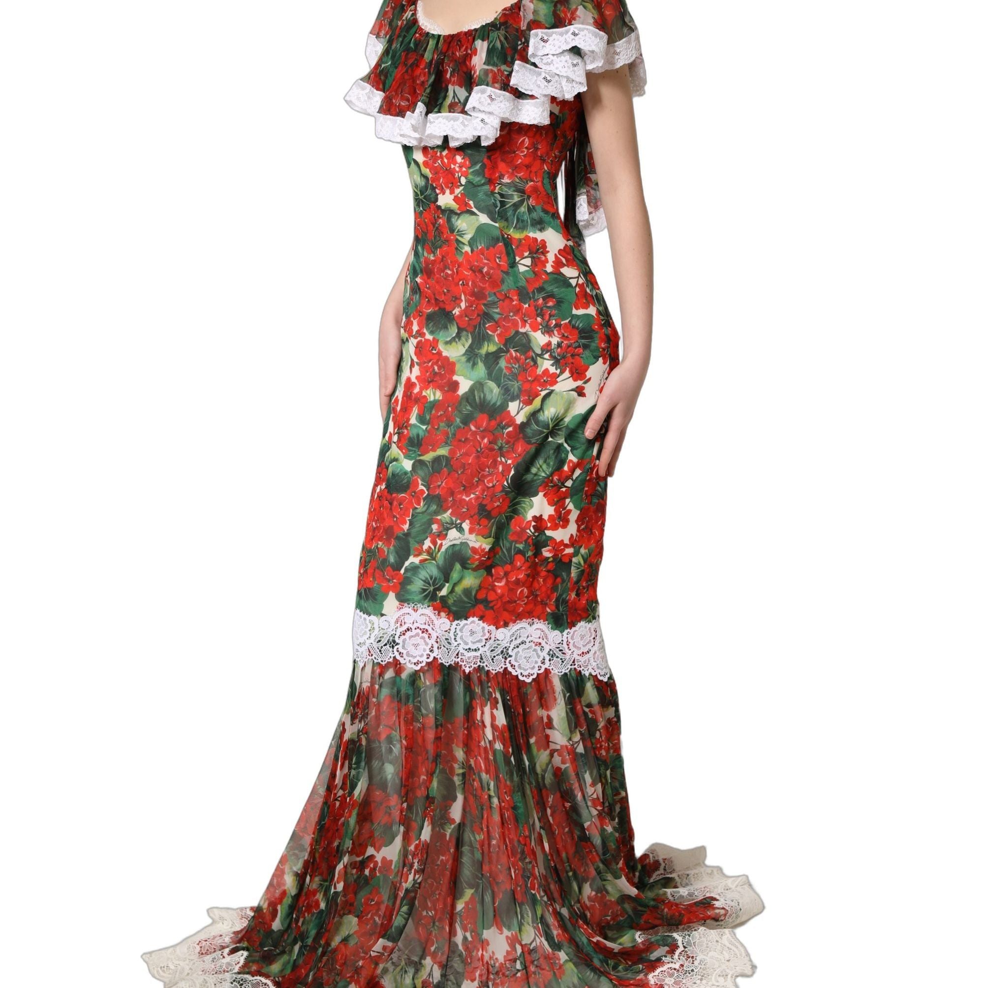 Dolce & Gabbana Multicolor Geranium Flower Lace Maxi Dress