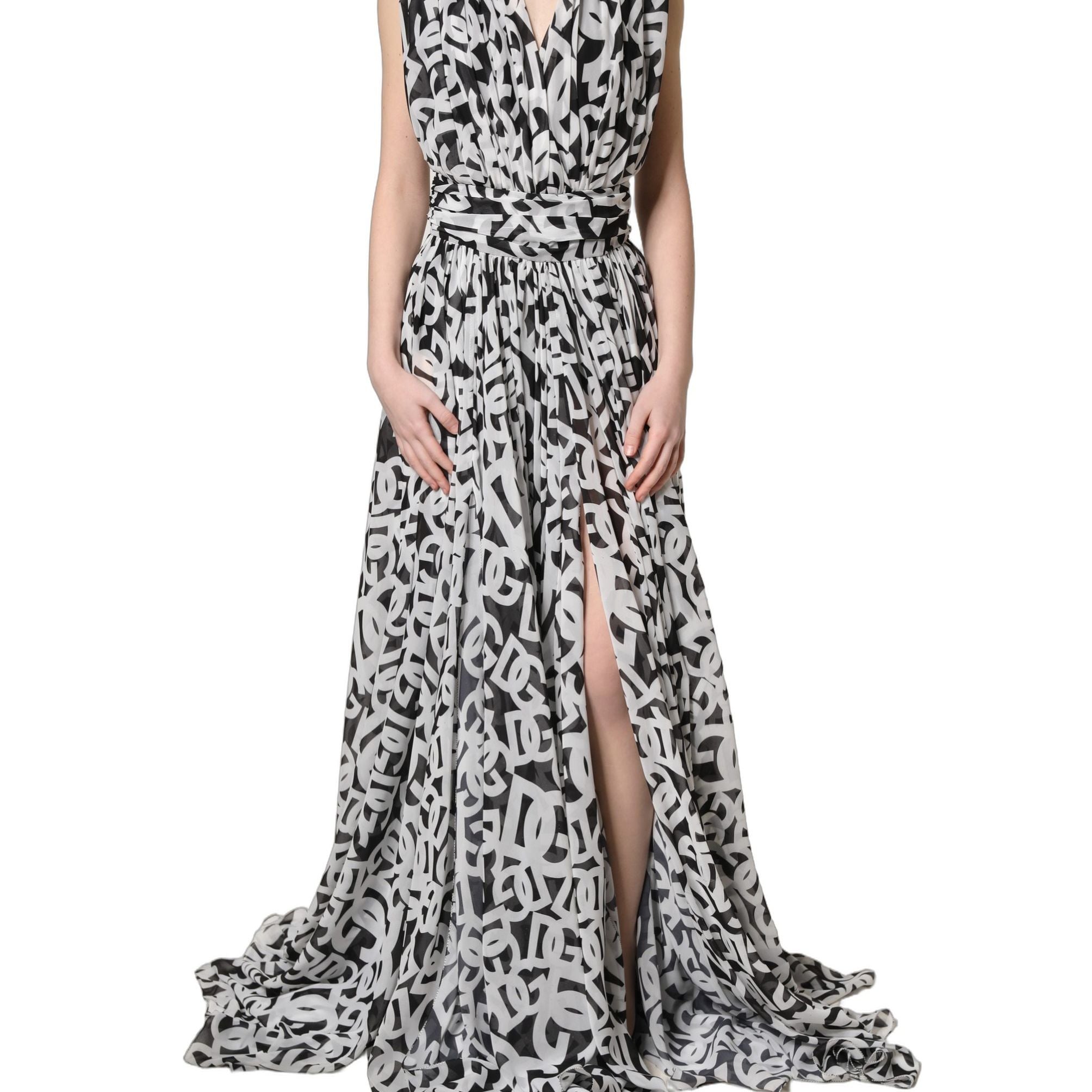 Dolce & Gabbana Black White Logo Sleeveless Floor Length Maxi Dress