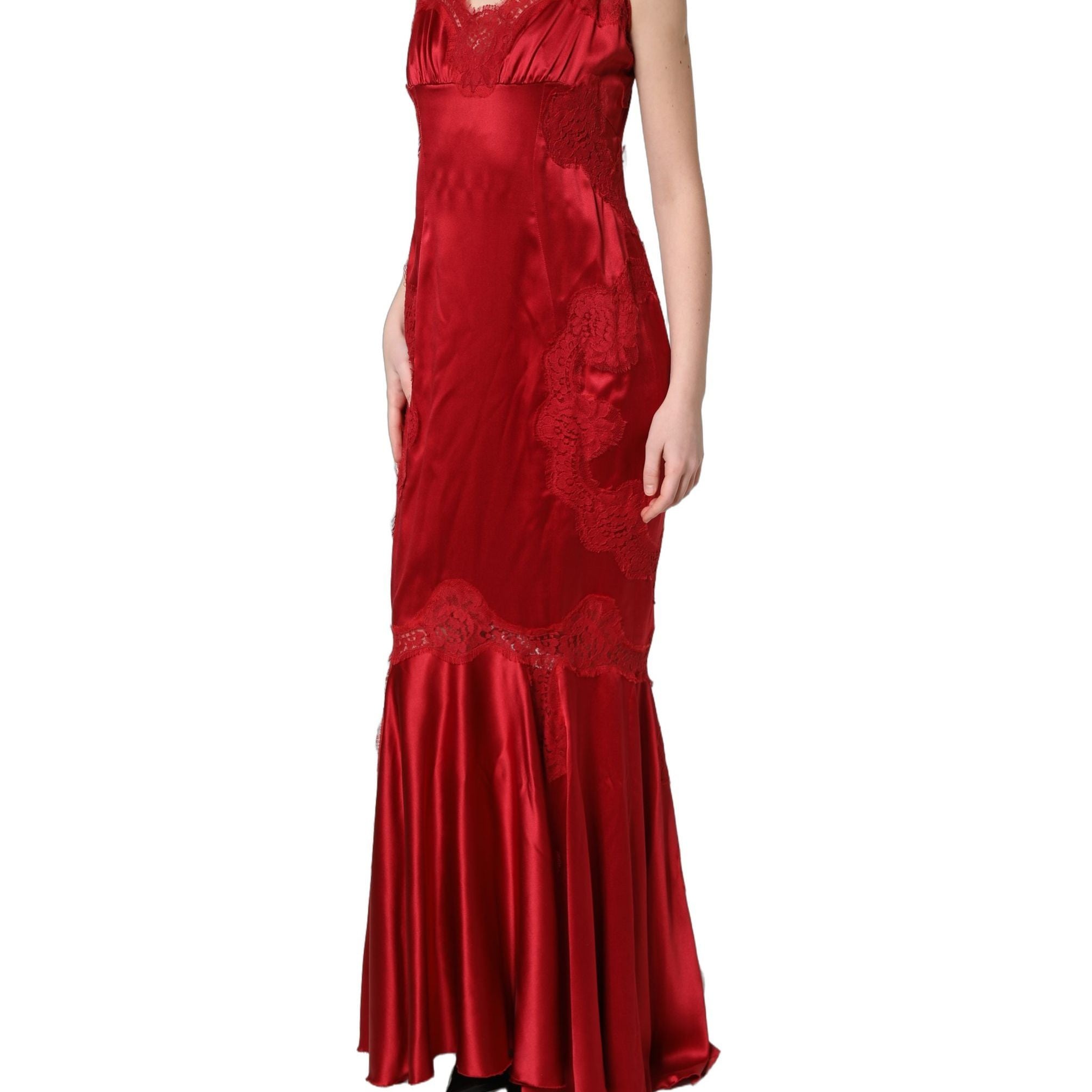 Dolce & Gabbana Red Silk Sleeveless Maxi Long Lace Trim Dress