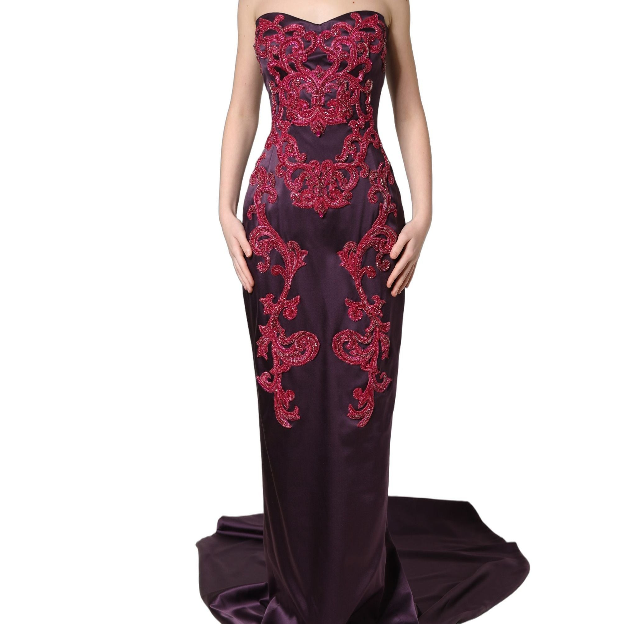 Dolce & Gabbana Purple Silk Crystal Strapless Floor Length Gown Dress