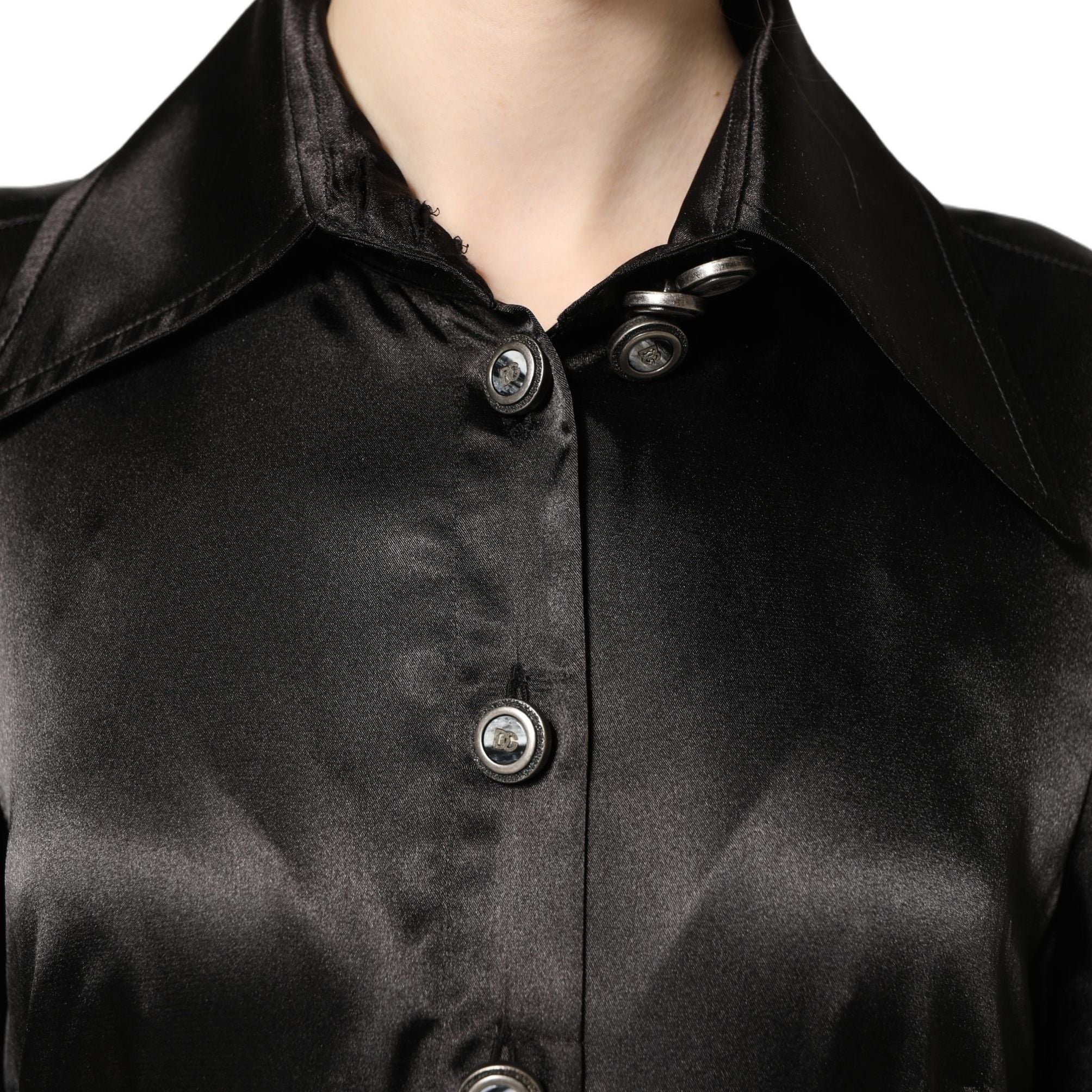 Dolce & Gabbana Black Satin Long Puff Sleeves Pleated Dress