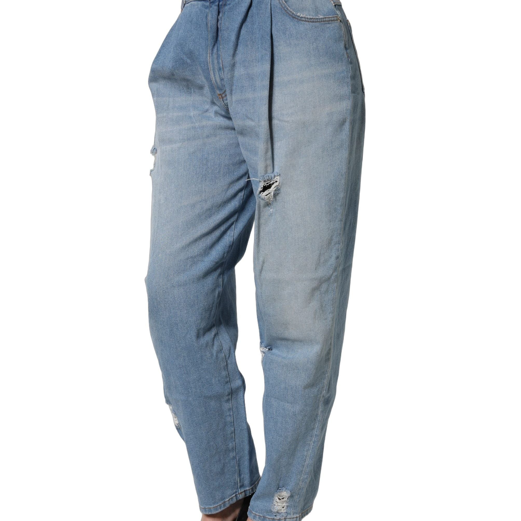 Dolce & Gabbana Blue Distressed Pleated Cotton Denim Jeans