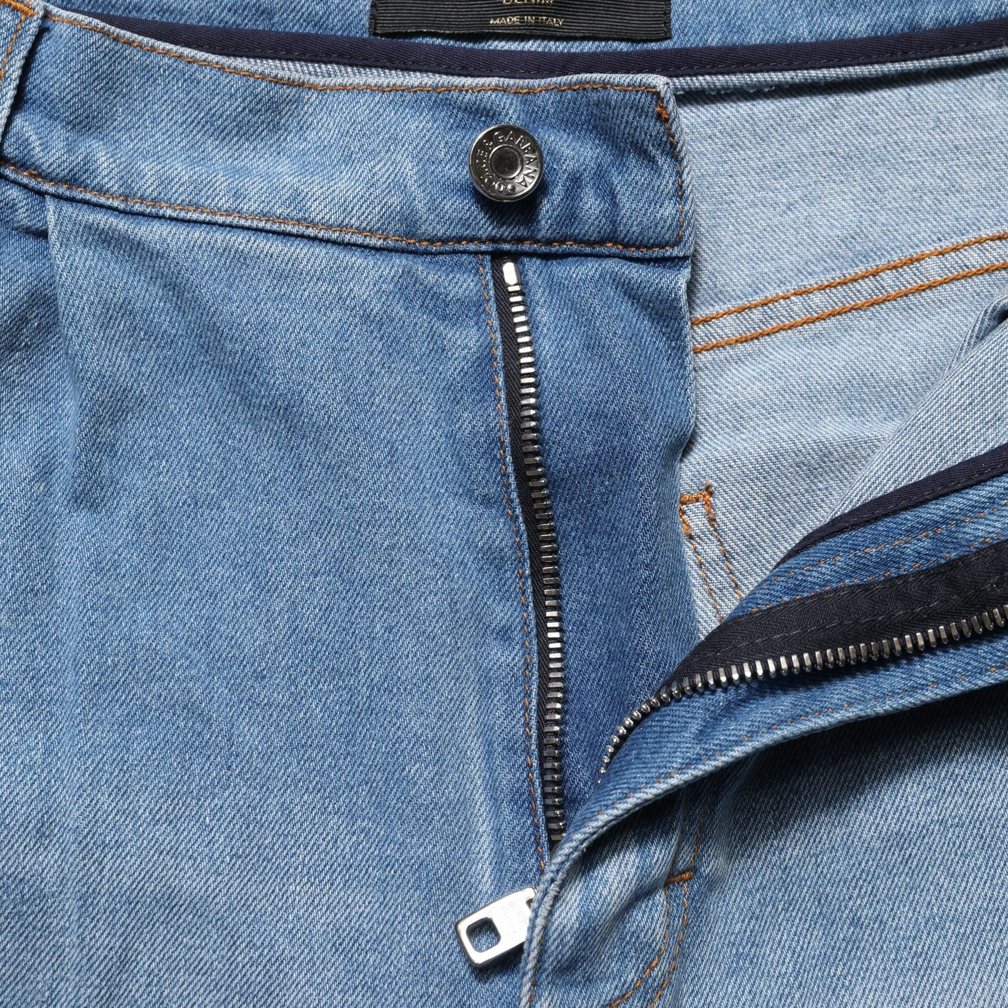 Dolce & Gabbana Blue Distressed Pleated Cotton Denim Jeans