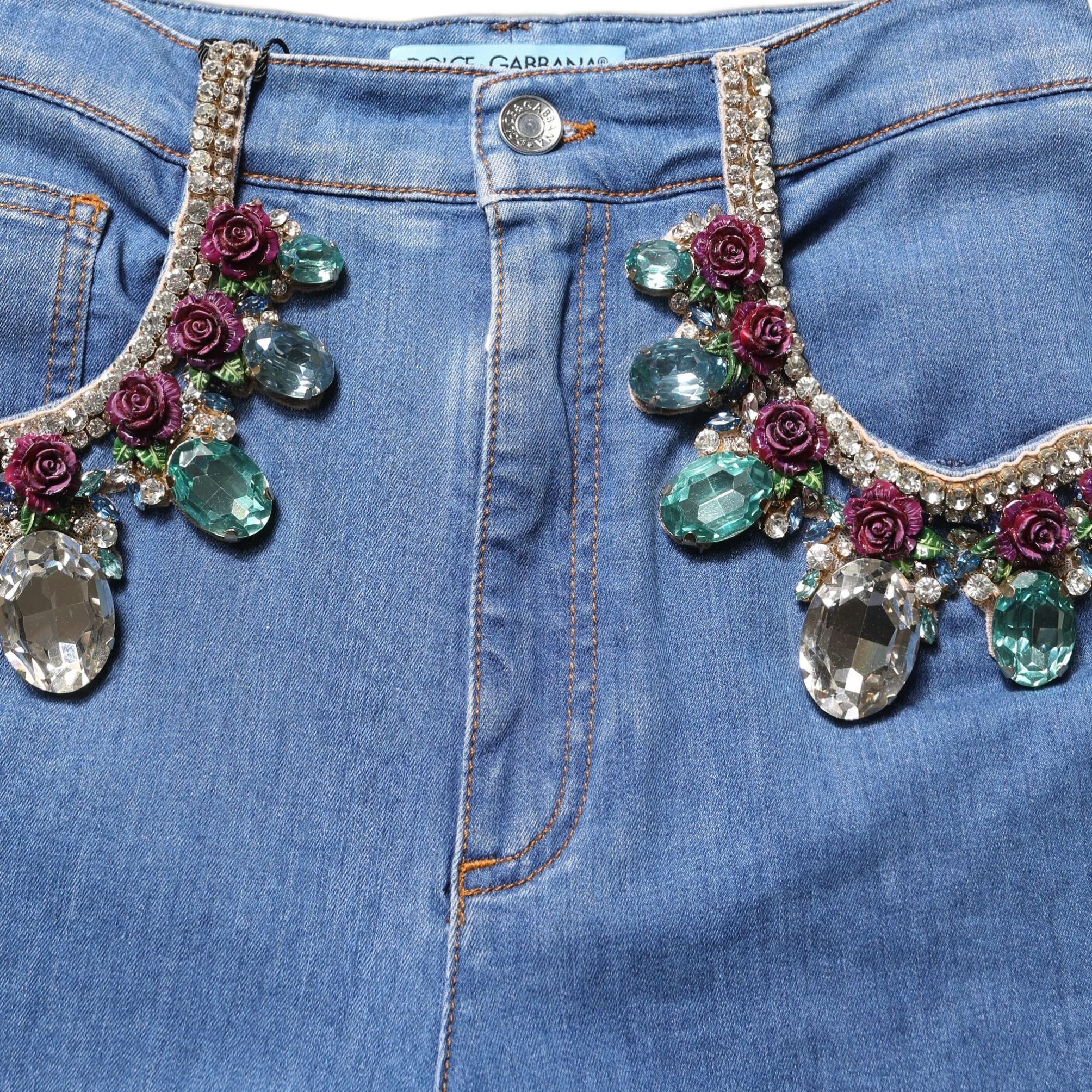 Dolce & Gabbana Blue Embellished Wide Cropped Denim Jeans