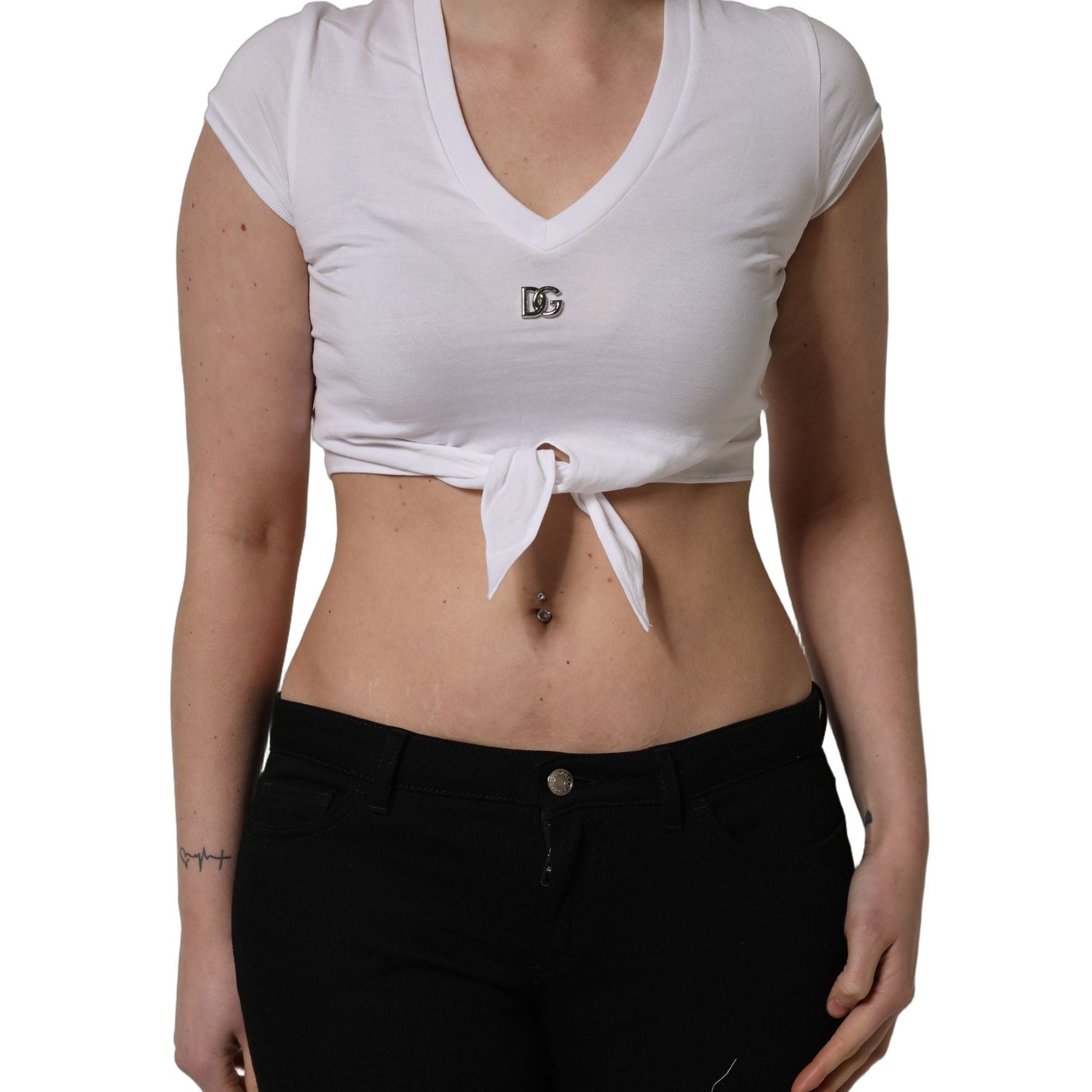Dolce & Gabbana White Logo Embroidered Tie Waist Cropped Top