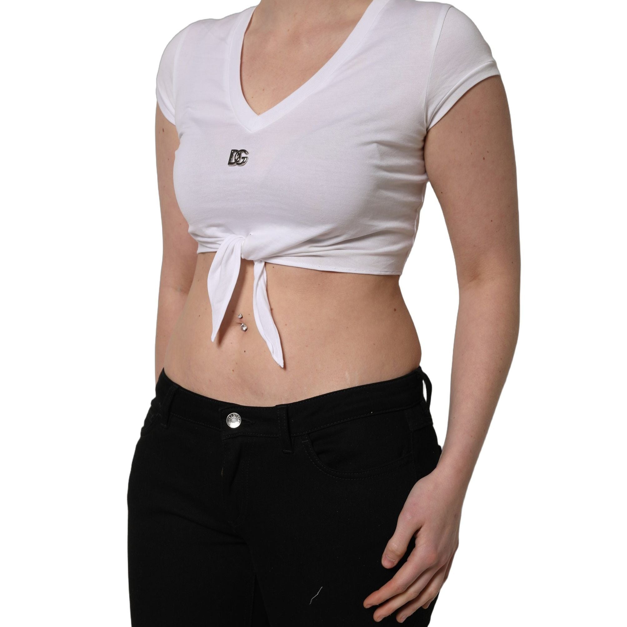 Dolce & Gabbana White Logo Embroidered Tie Waist Cropped Top