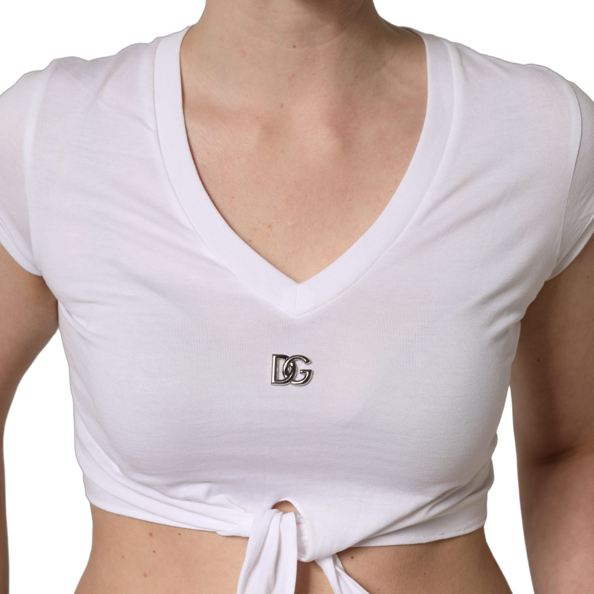 Dolce & Gabbana White Logo Embroidered Tie Waist Cropped Top