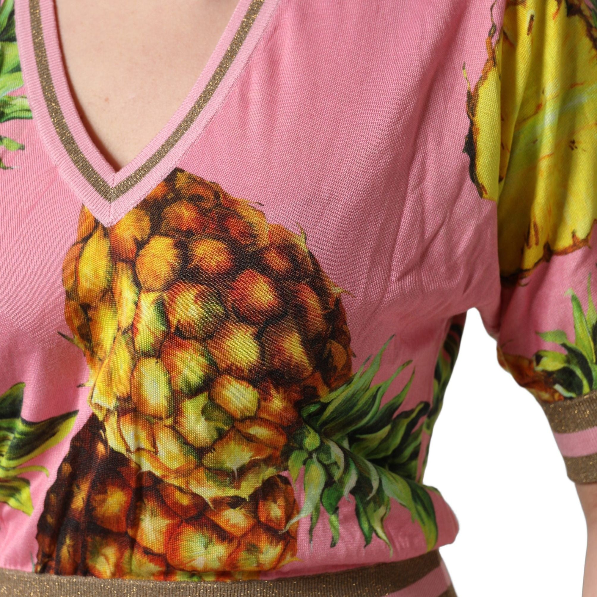 Dolce & Gabbana Pink Pineapple Vneck Short Sleeve Cropped Top