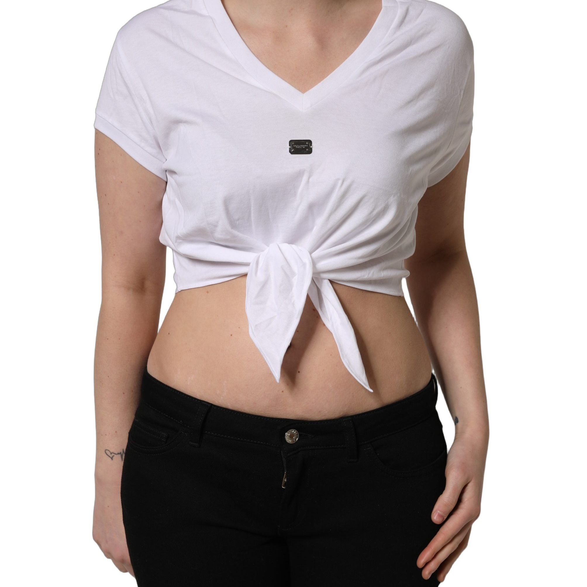 Dolce & Gabbana White Logo Embroidered TieWaist Cropped Top
