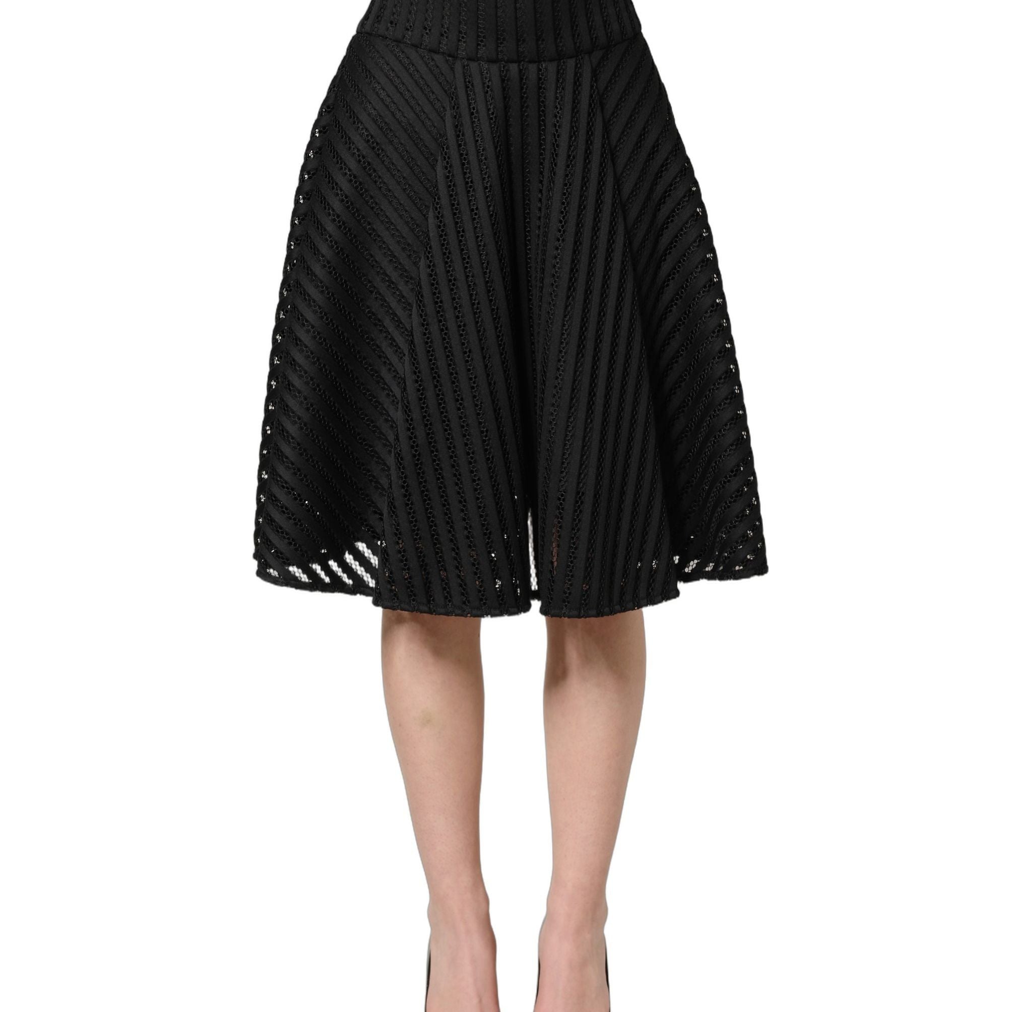 PINKO Cotton Striped Flared Silhouette Aline Midi Black