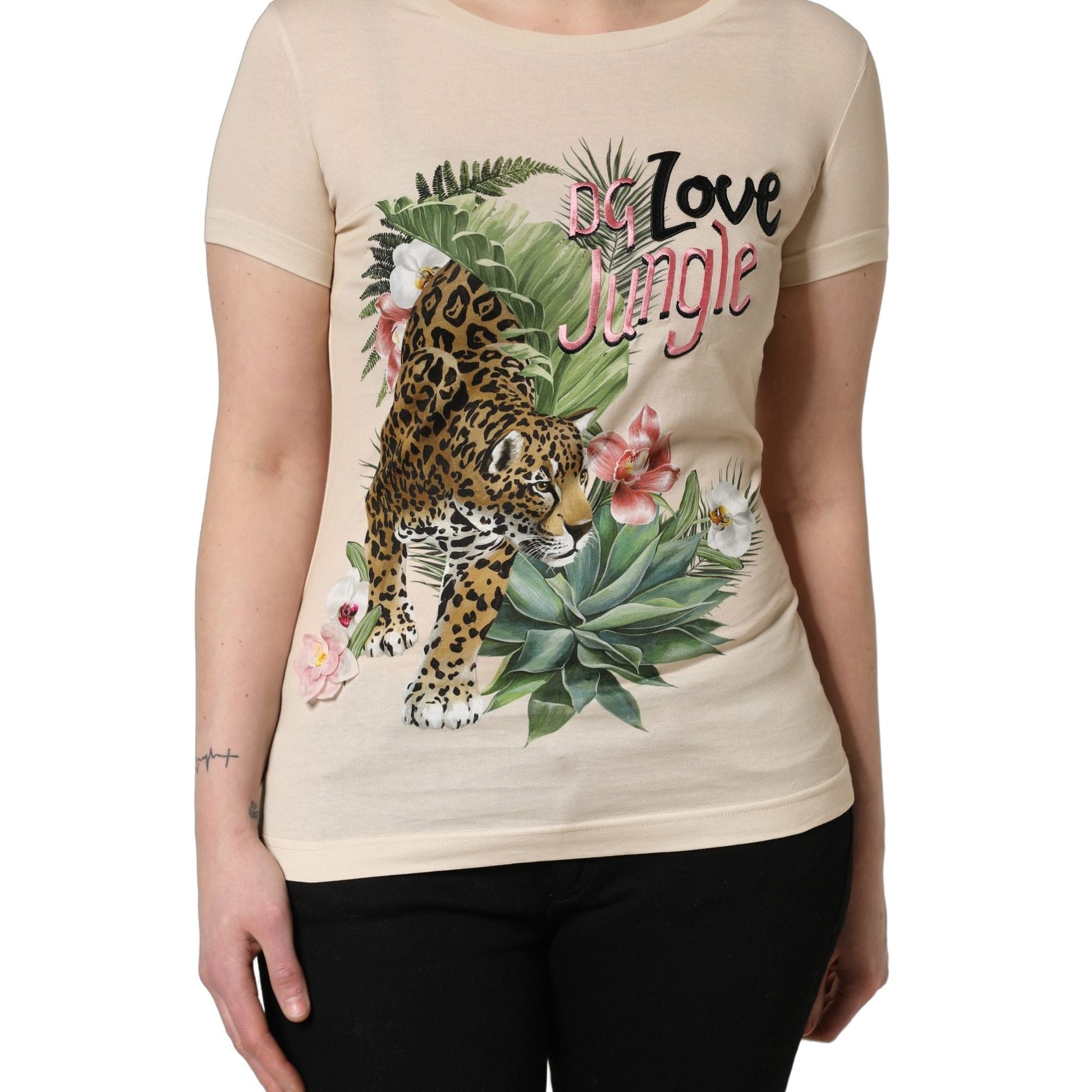 Dolce & Gabbana Beige Jungle Print Cotton Round Neck T-Shirt