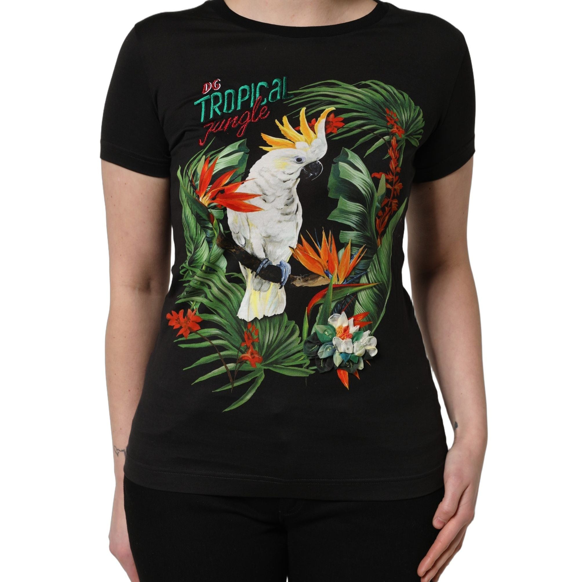 Dolce & Gabbana Black Tropical Print Cotton Round Neck T-Shirt