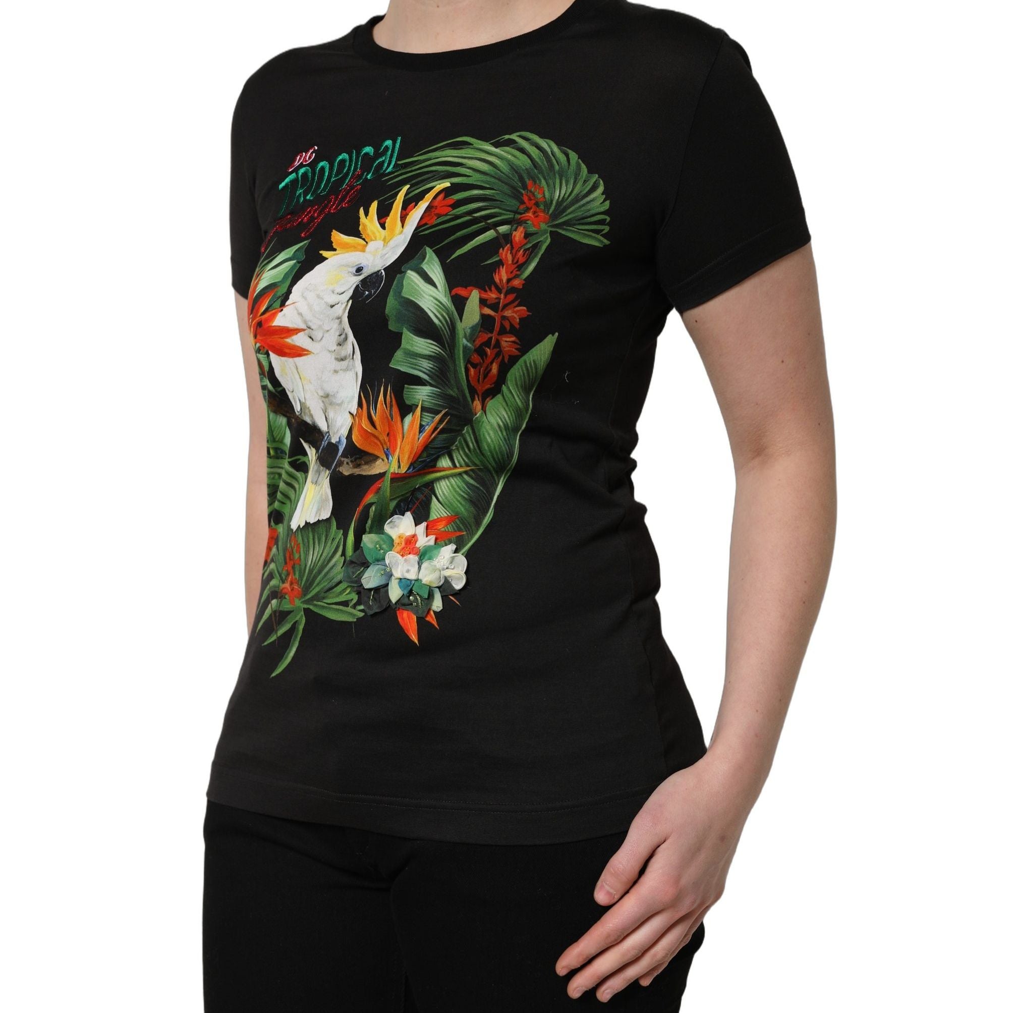 Dolce & Gabbana Black Tropical Print Cotton Round Neck T-Shirt