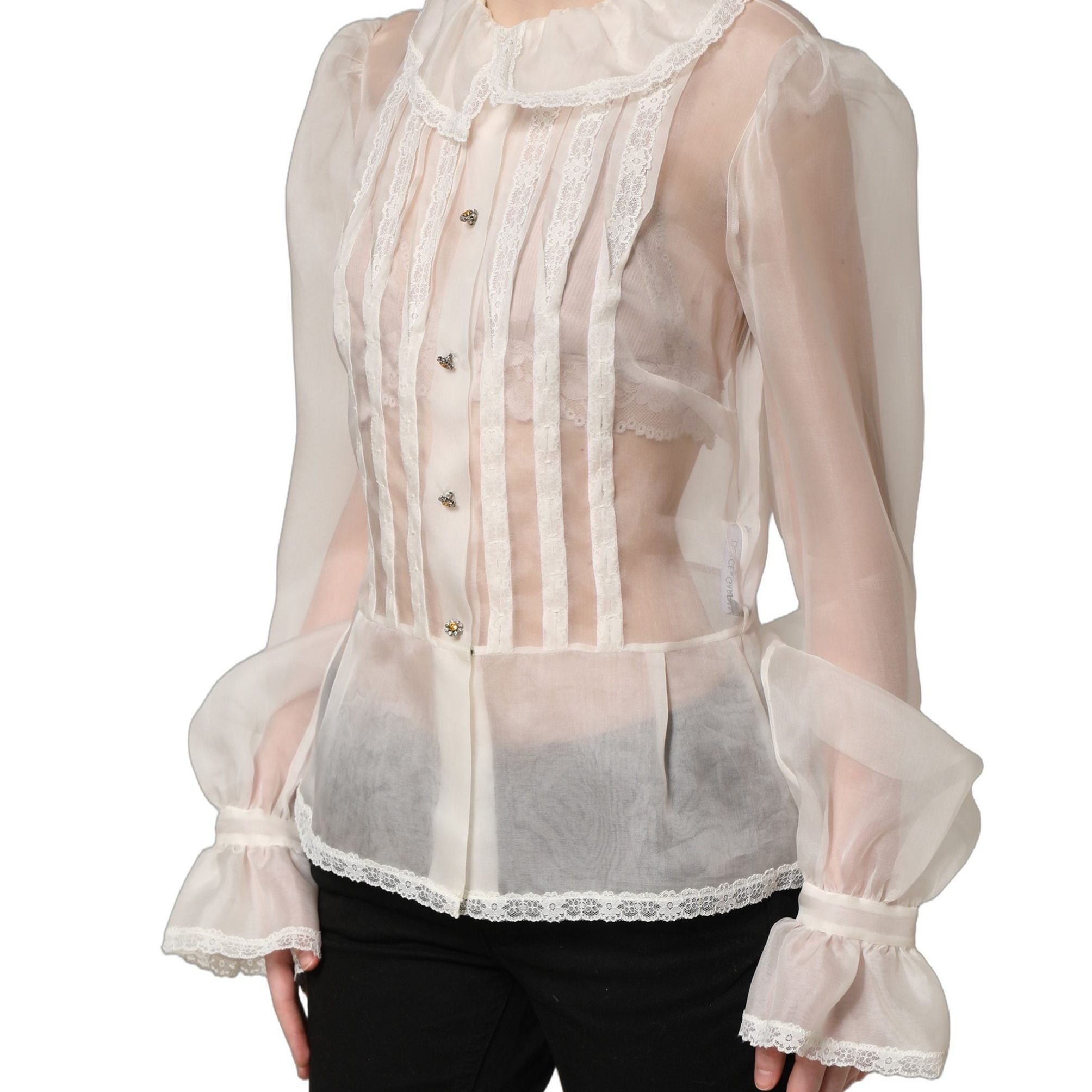 Dolce & Gabbana White Ruffled Sheer Silk Buttoned Blouse Top