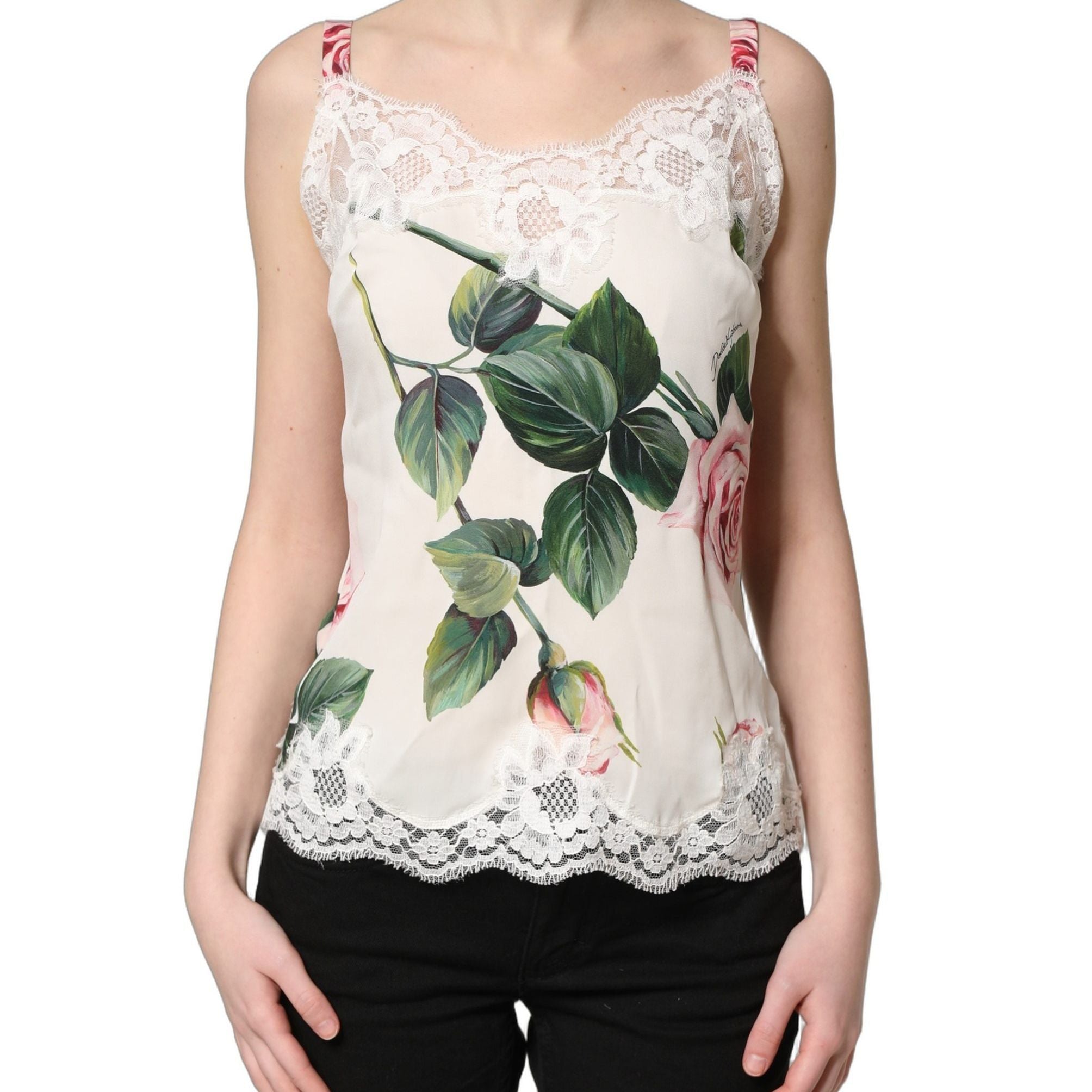 Dolce & Gabbana White Rose Print Lace Silk Camisole Tank Top