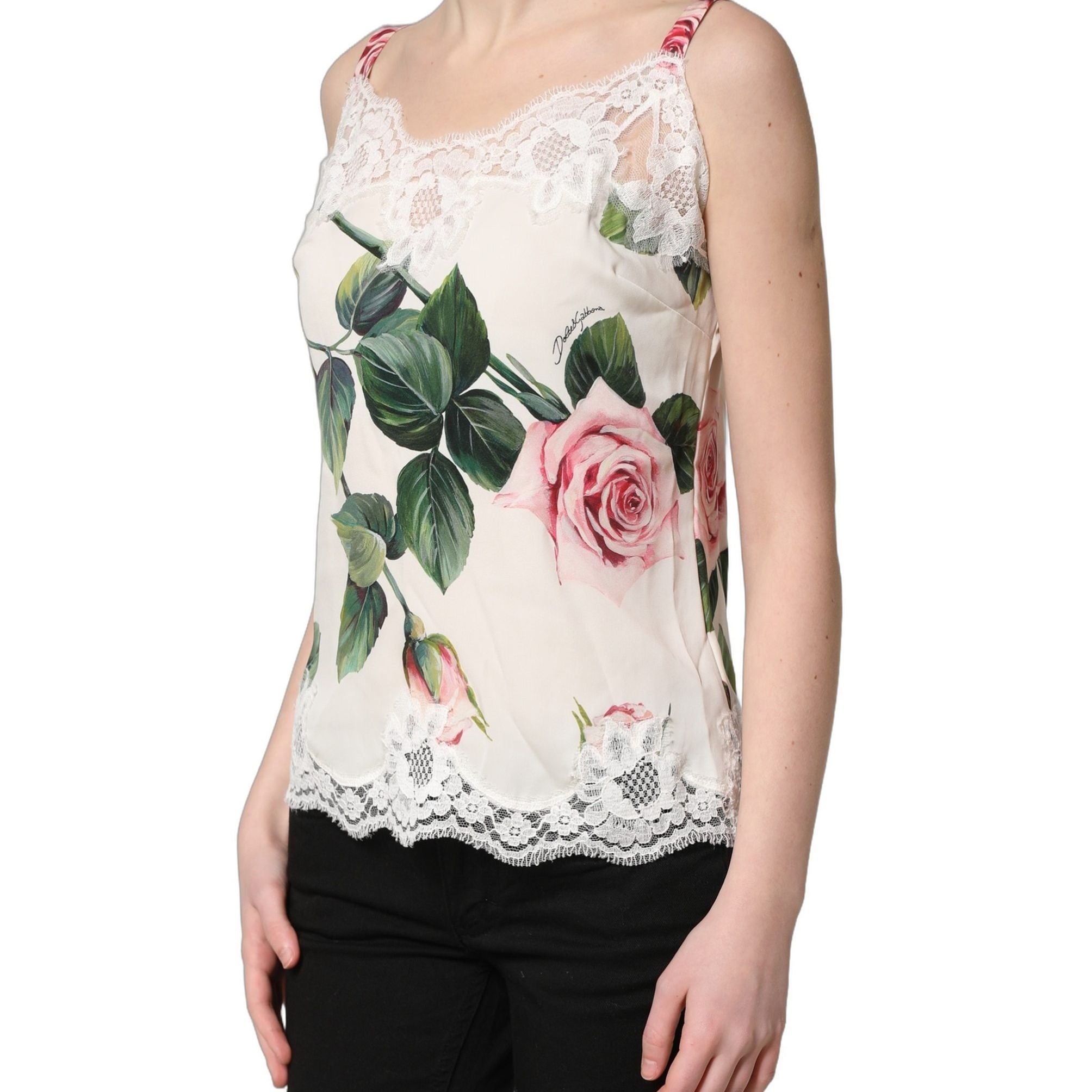 Dolce & Gabbana White Rose Print Lace Silk Camisole Tank Top