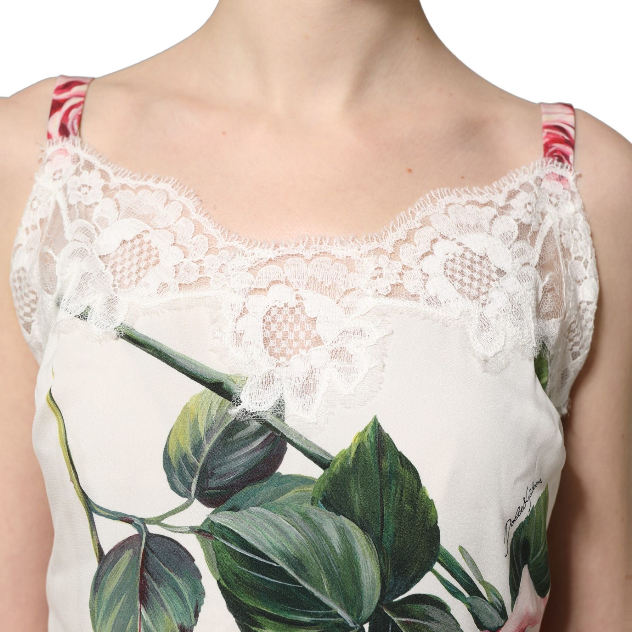 Dolce & Gabbana White Rose Print Lace Silk Camisole Tank Top