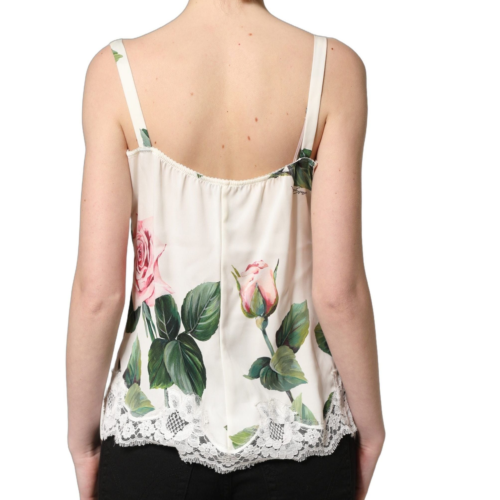Dolce & Gabbana White Rose Print Lace Silk Camisole Tank Top