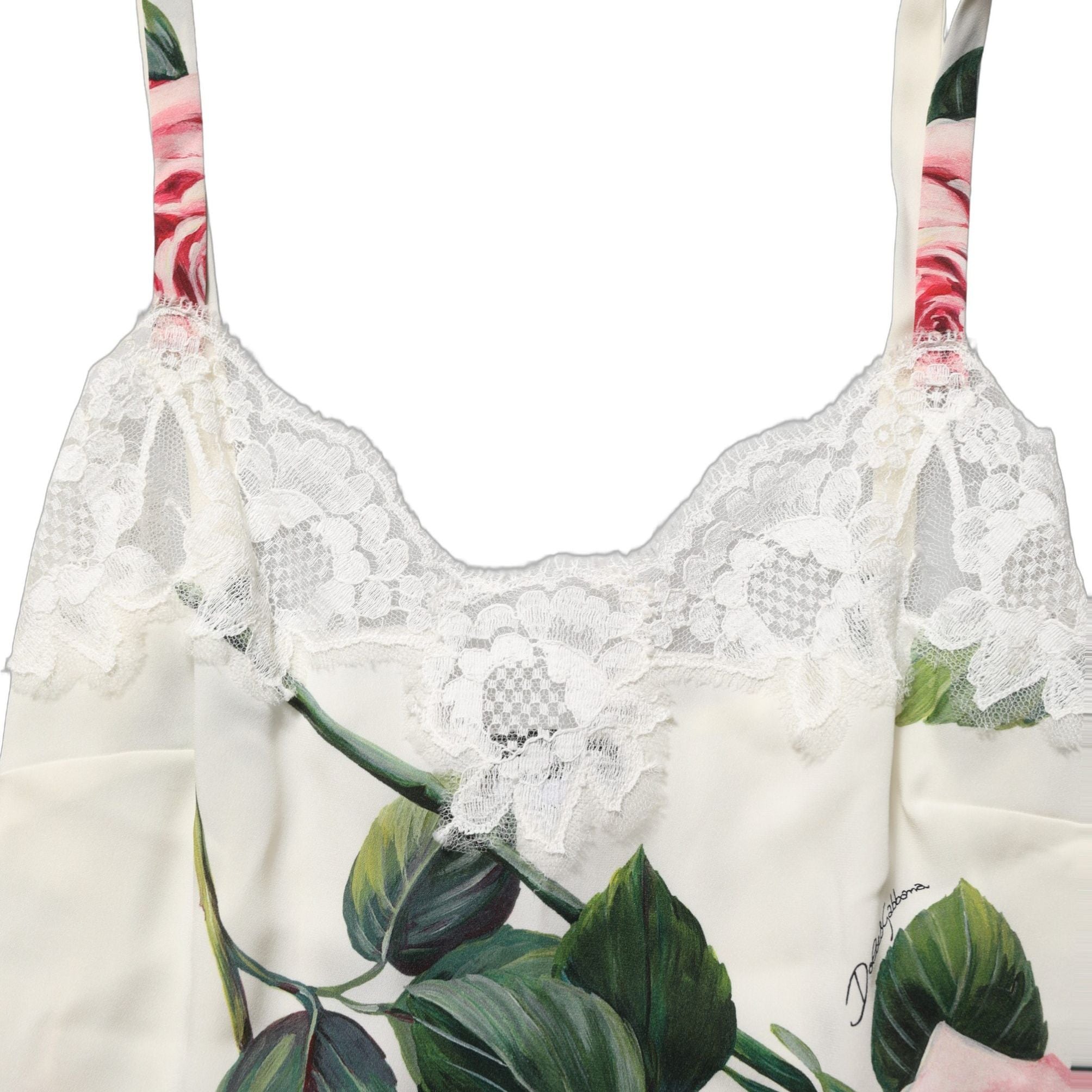 Dolce & Gabbana White Rose Print Lace Silk Camisole Tank Top