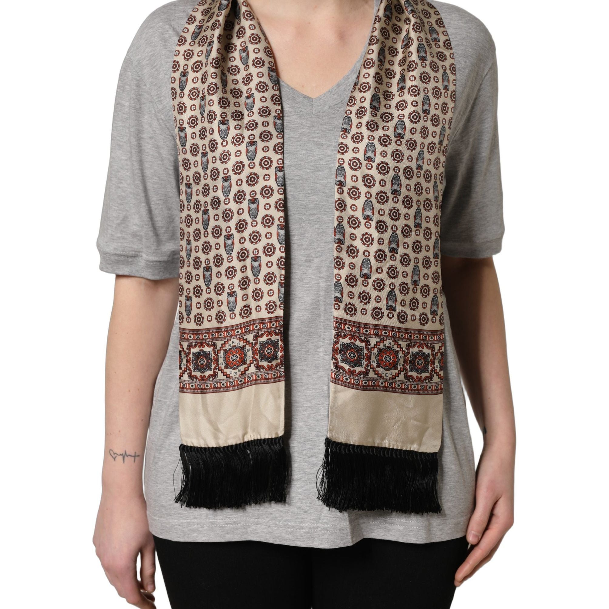 Dolce & Gabbana Gray Cotton V-neck Owl Silk Scarf Top T-shirt