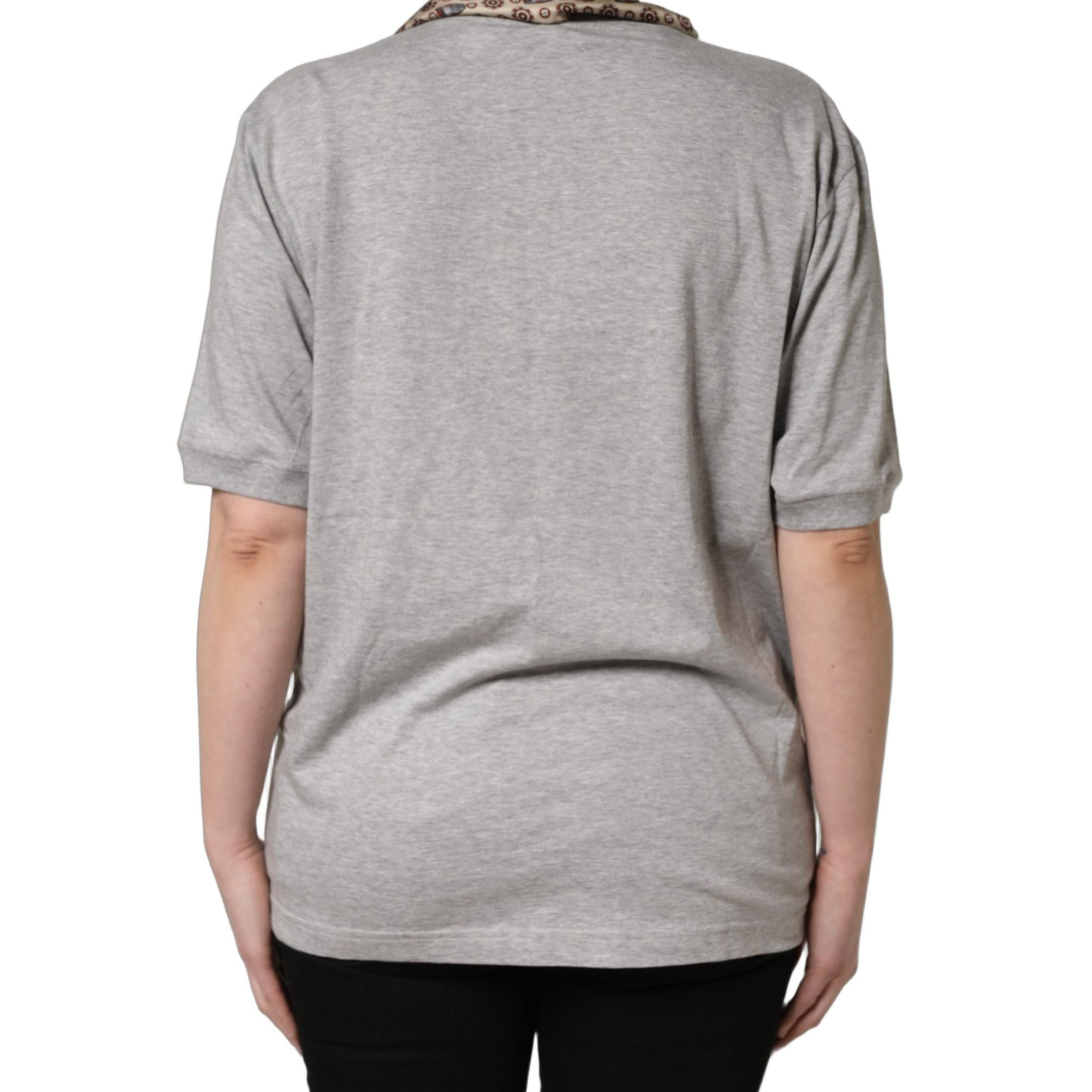 Dolce & Gabbana Gray Cotton V-neck Owl Silk Scarf Top T-shirt