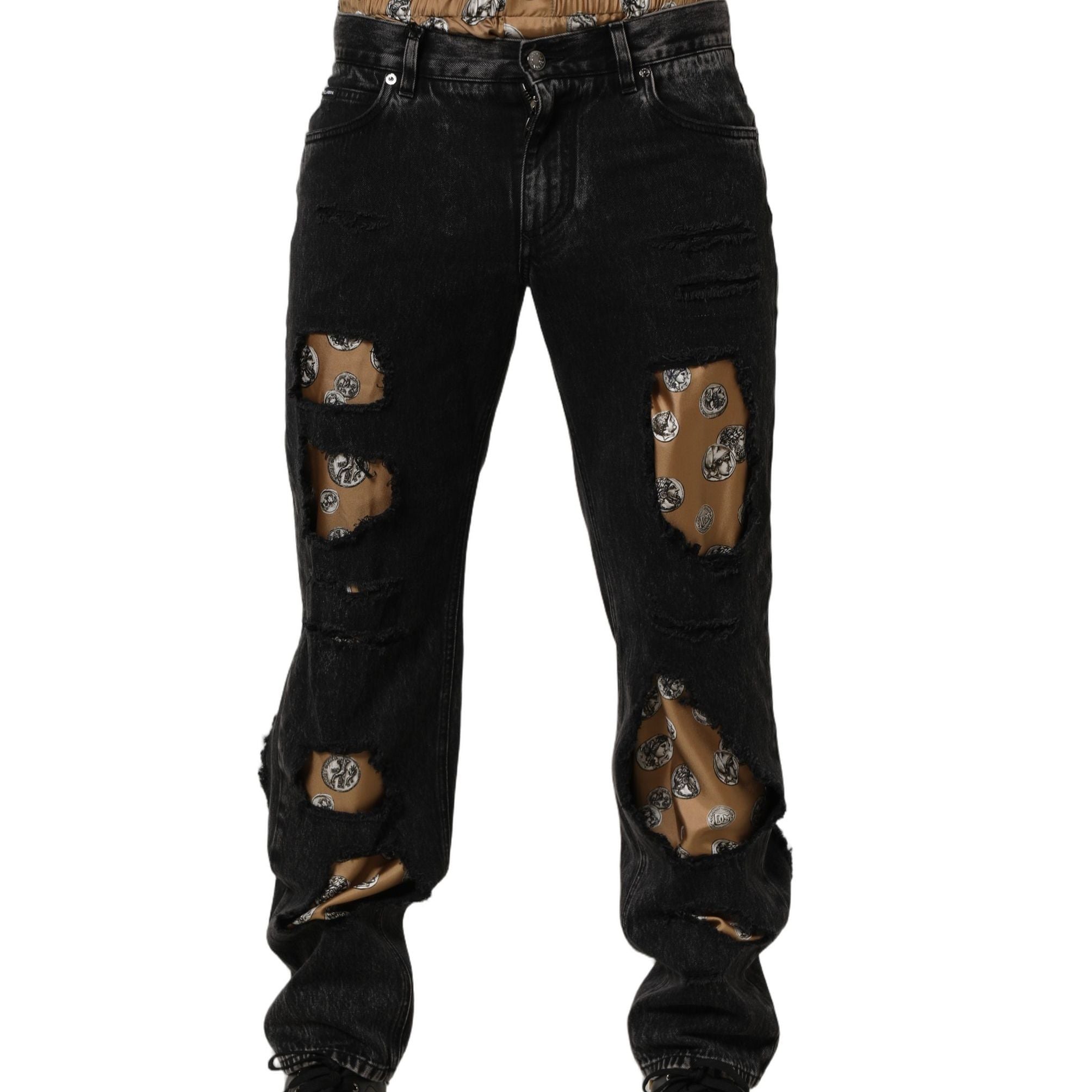 Dolce & Gabbana Black Distressed Cotton Straight Denim Jeans
