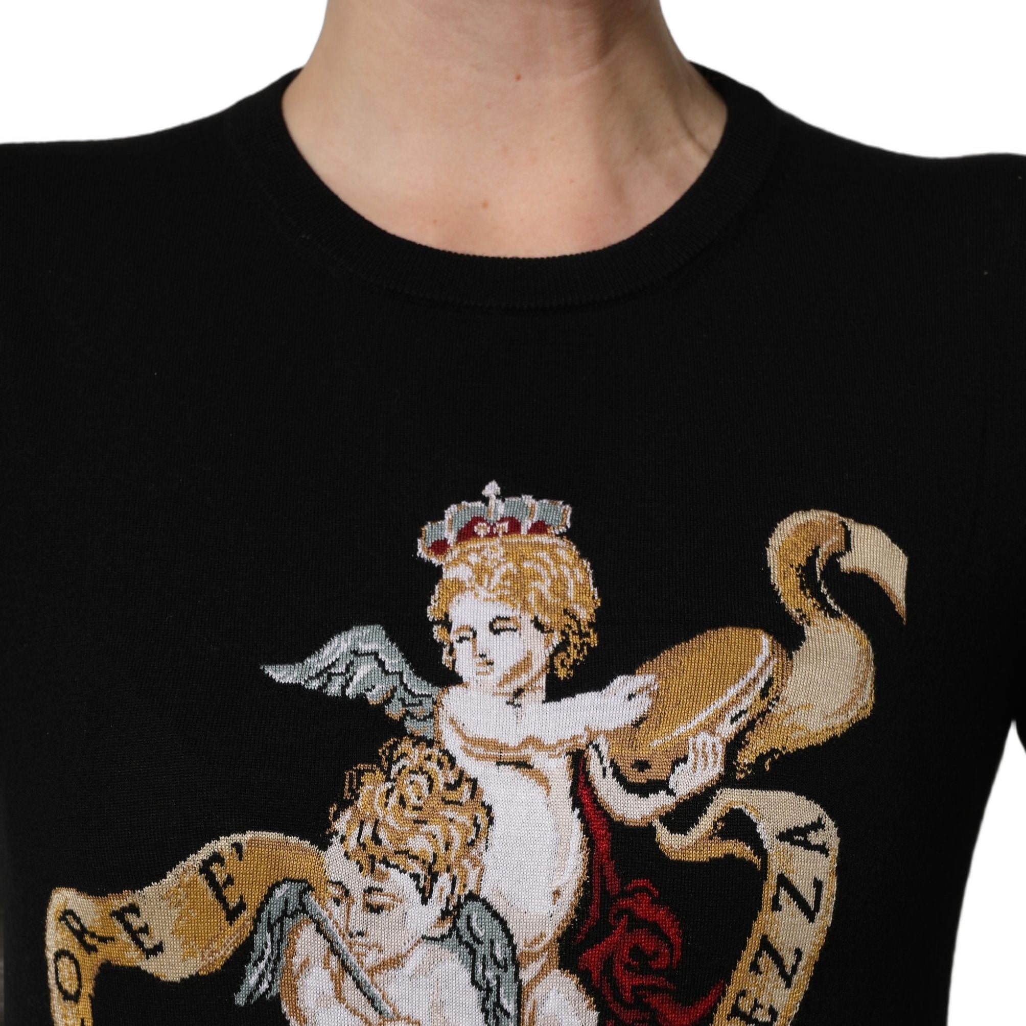 Dolce & Gabbana Black Angels Wool Crew Neck Pullover Sweater