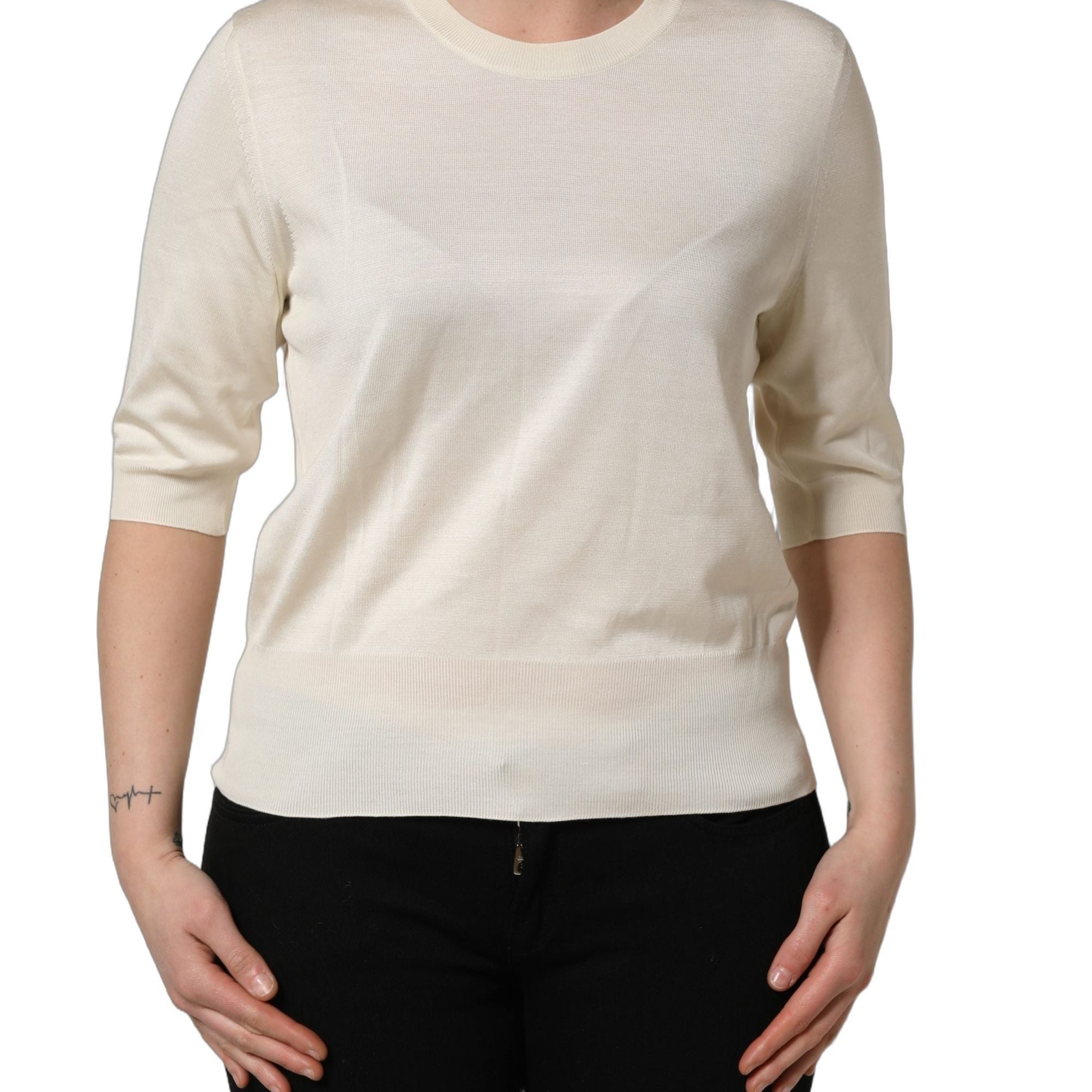 Dolce & Gabbana Off White 3/4 Sleeves Crewneck Pullover Sweater