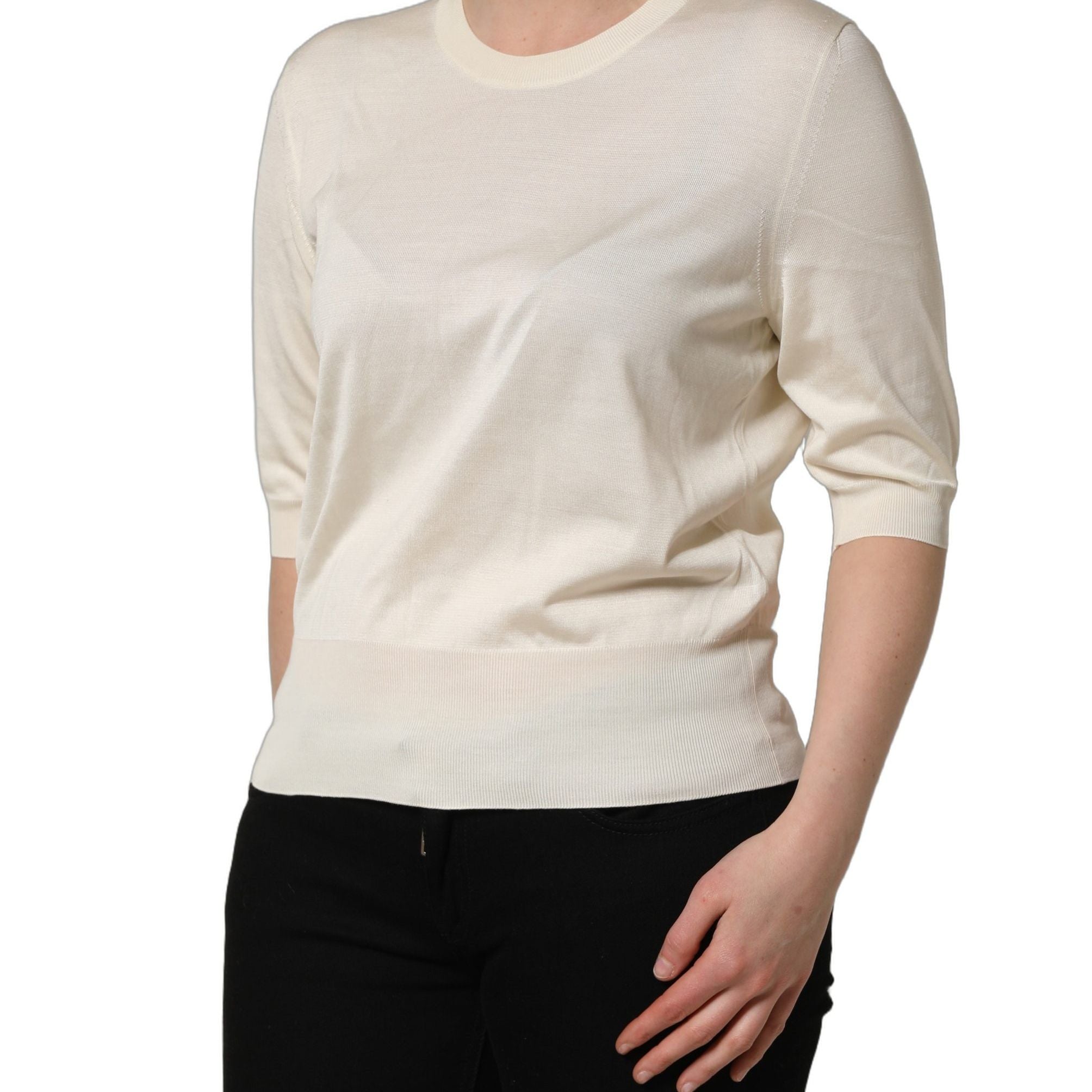 Dolce & Gabbana Off White 3/4 Sleeves Crewneck Pullover Sweater