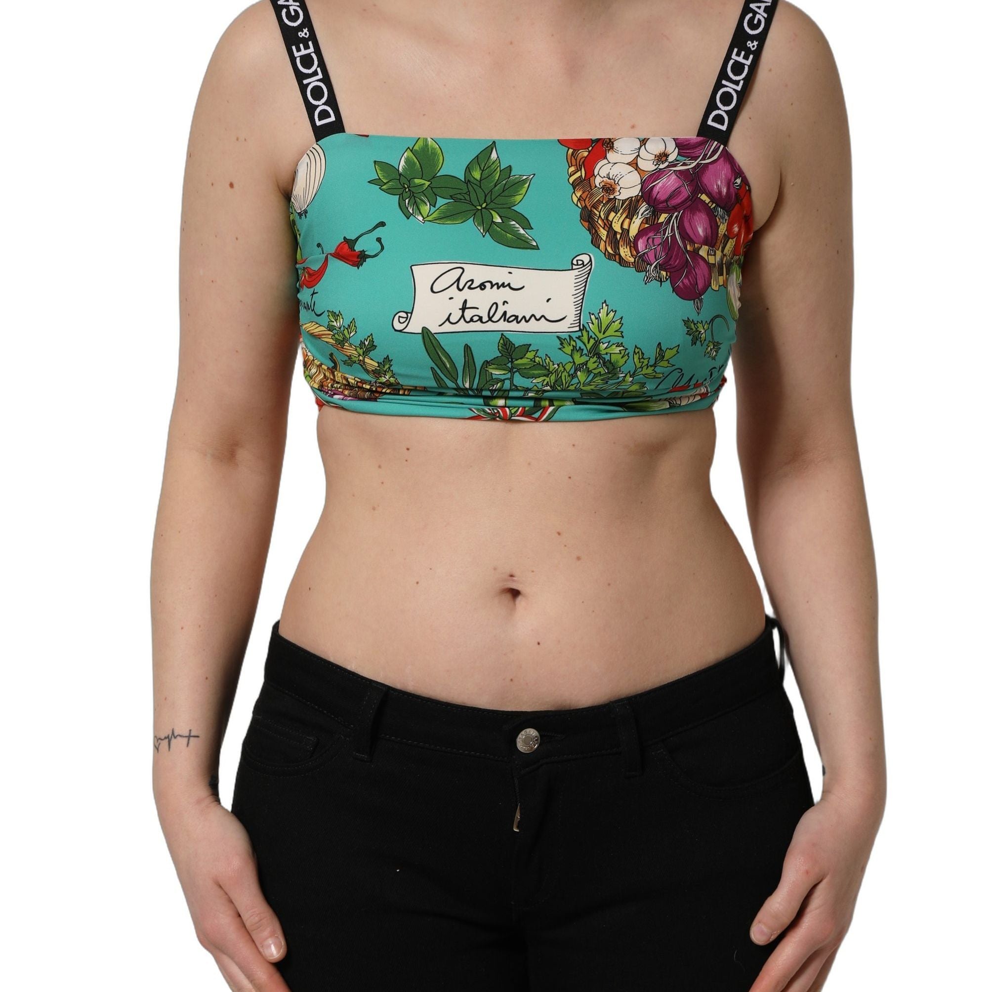 Dolce & Gabbana Turquoise Vegetable Print Silk Crop Tank Top