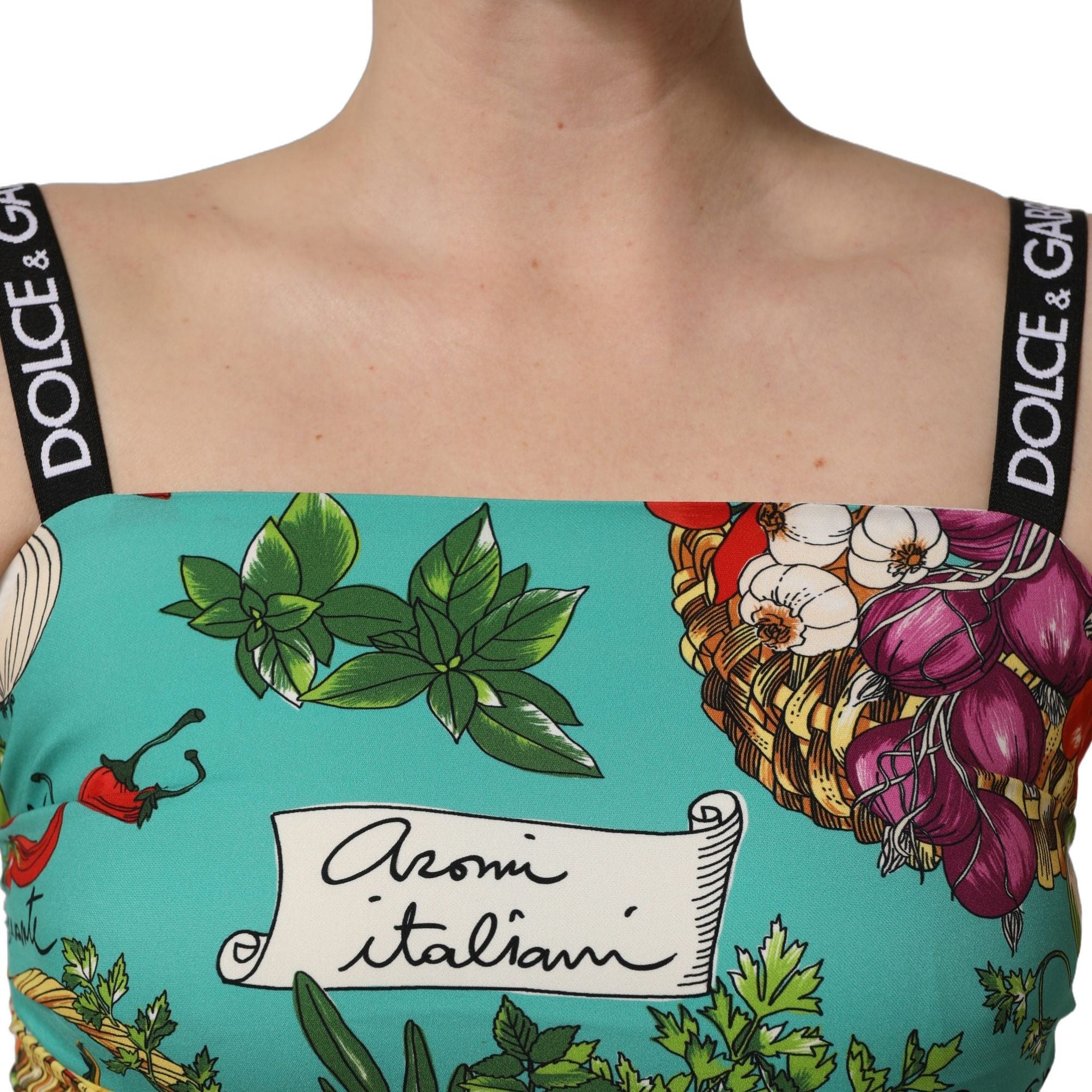 Dolce & Gabbana Turquoise Vegetable Print Silk Crop Tank Top