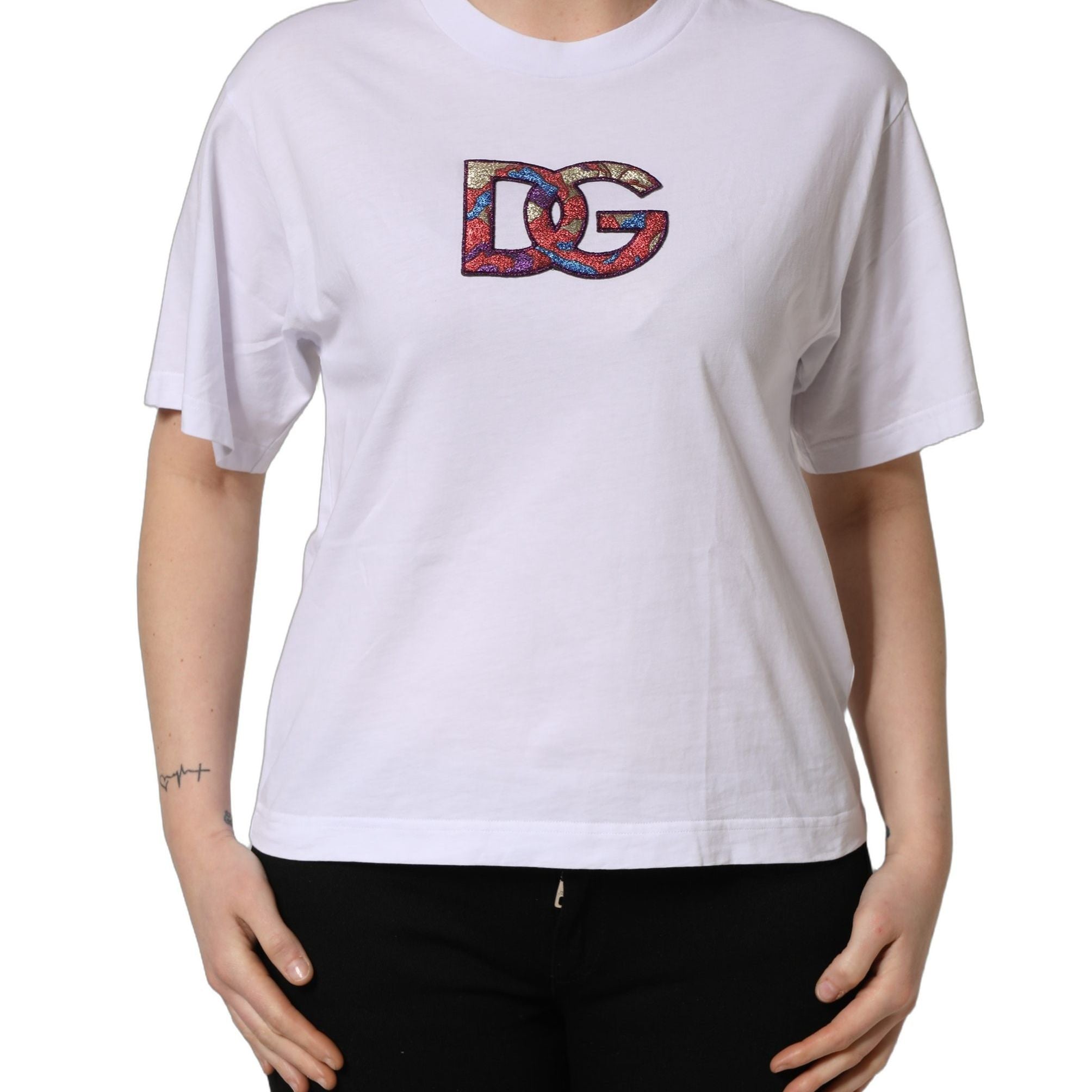 Dolce & Gabbana White Cotton DG Logo Patch Crew Neck T-shirt