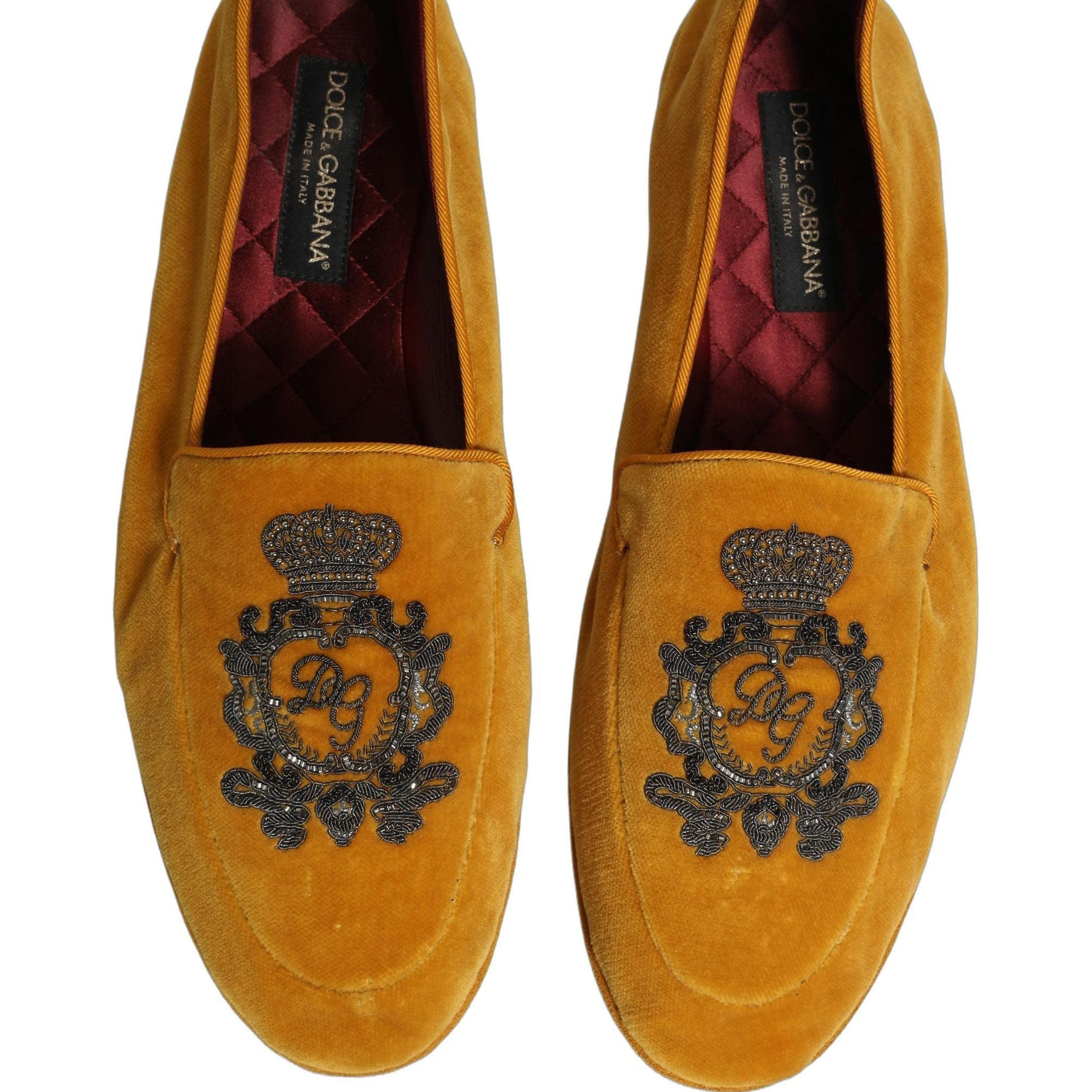 Dolce & Gabbana Yellow Velvet Crown Embroidery Loafers Shoes